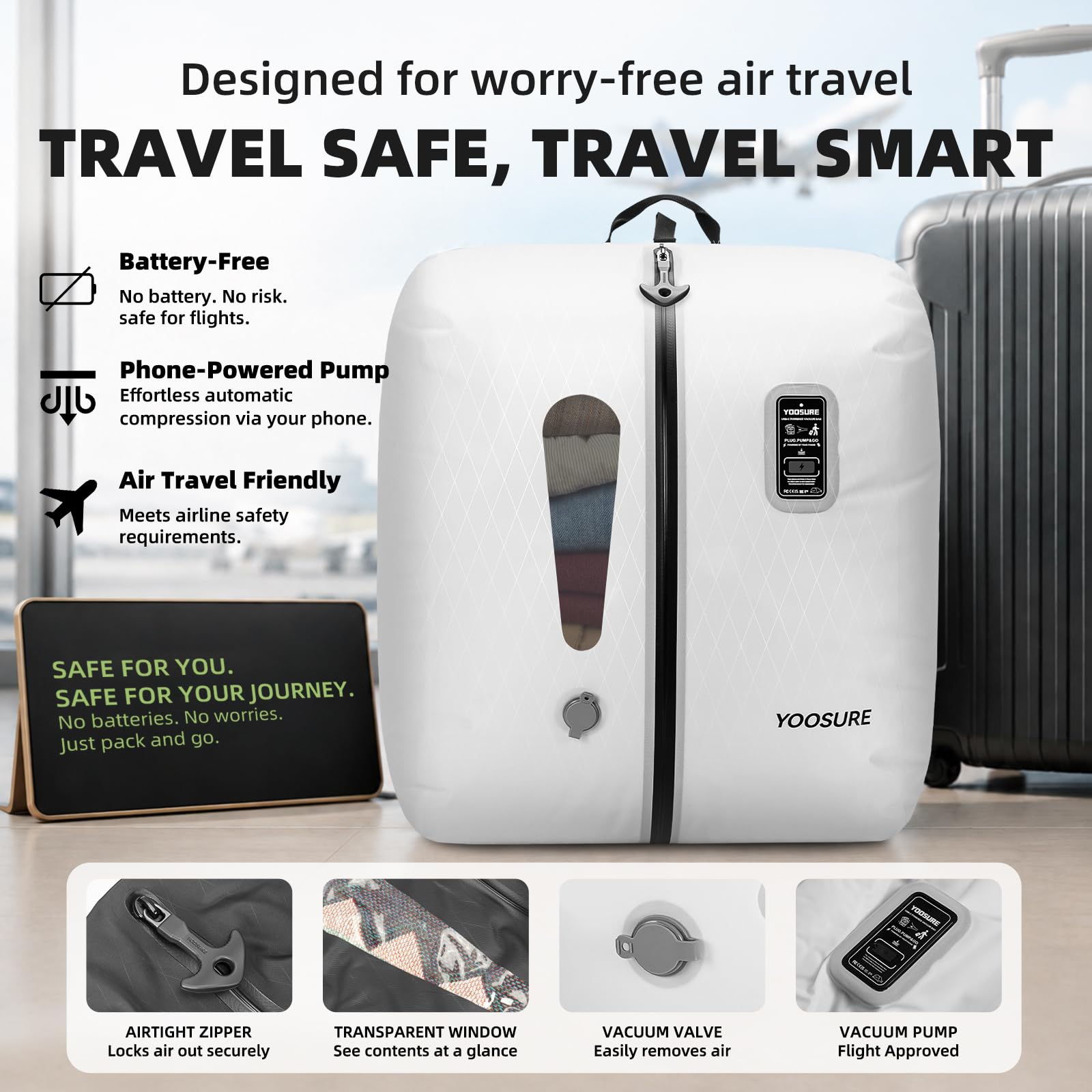 50L Vakuum-Reisetasche mit eingebauter USB-C-Pumpe, 100% batteriefreier Kompressionsbeutel für Reisen, Typ-C-platzsparender Packwürfel, universelle Passform für Koffer & Handgepäck