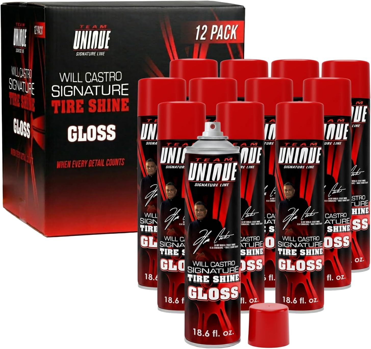 TEAM UNIQUE Tire Shine Gloss – 18.6 fl oz (Pack of 12) | High-Gloss Tire Shine Spray | UV Protection Against Cracking & Fading | Non-Greasy, Low-Sling Formula for Cars, Trucks & SUVs