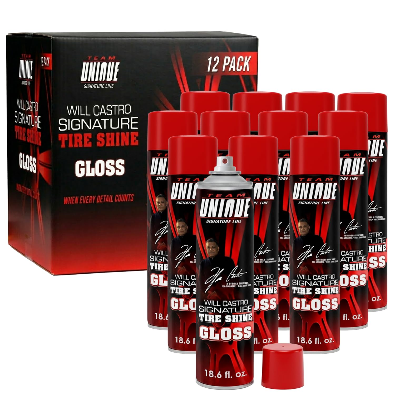 Team Unique Brillo de neumáticos – 18 onzas, paquete de 12 | Fórmula de alto brillo para un máximo brillo de neumáticos | Protege contra grietas y decoloración | Spray no graso y de baja caída para