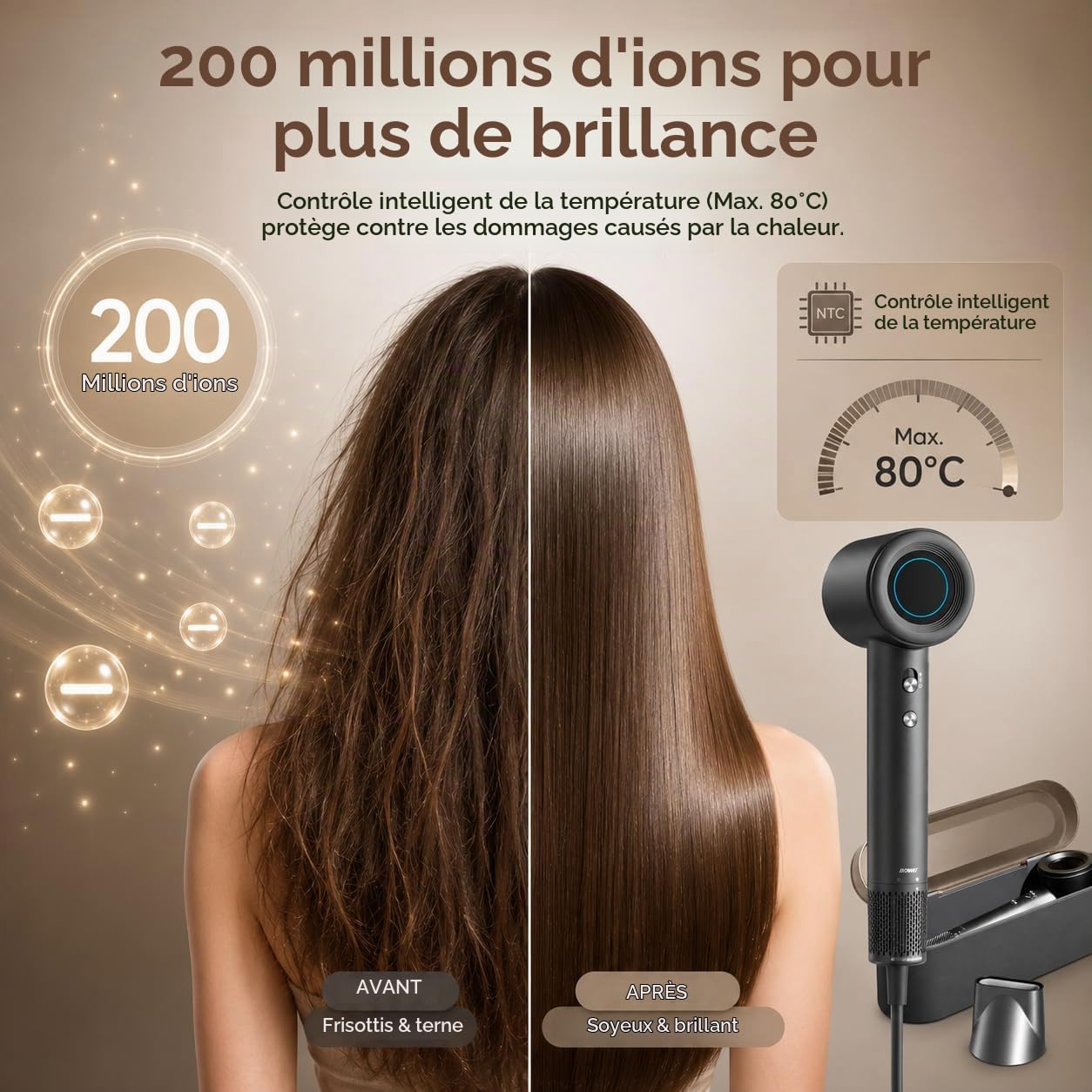BOWEI Sèche Cheveux Ionique Haute Vitesse, Moteur Sans Brosse 110000 tr/min, Séchage Rapide, Anti-Frisottis, Contrôle Intelligent de la Température, Léger et Silencieux avec Étui de Rangement