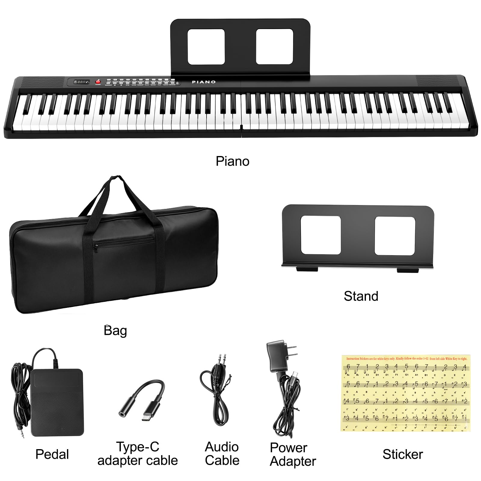 Buinblu Electronic 88 Key Piano Keyboard,Bluetooth Foldable Full Size Semi-Weighted Digital Pianos with Power Adapter,Pedal,Sheet Music Stand,Sticker,Bag,Gift for Beginners,Black