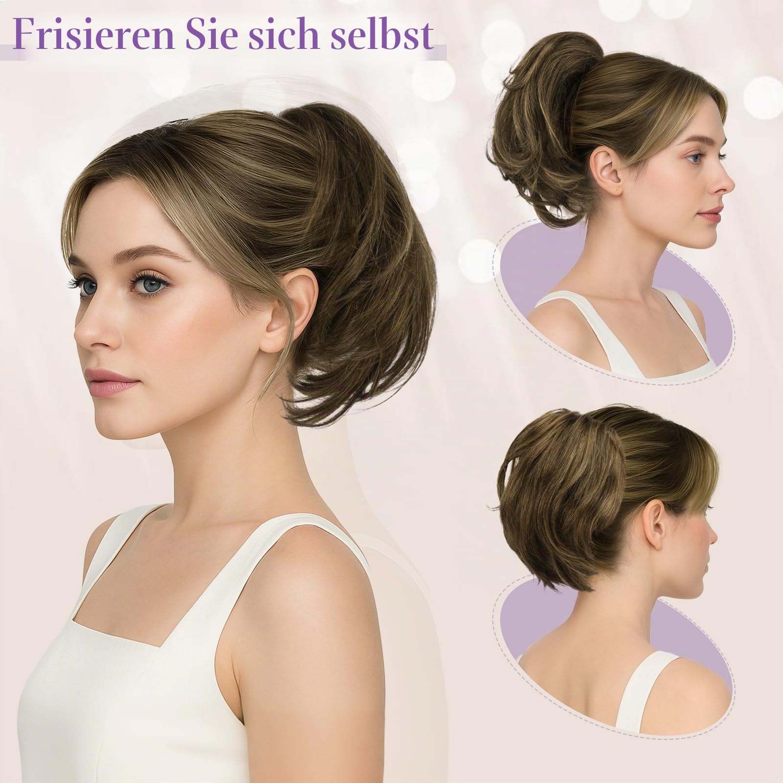 RUWISS Pferdeschwanz Haarteil mit Klammer Echthaar Kurze 22cm Ponytail Extension mit Biegbaren Metall für DIY-Frisuren Gerade Messy Bun Haarteil für Damen, Braun mit Blonden Highlight