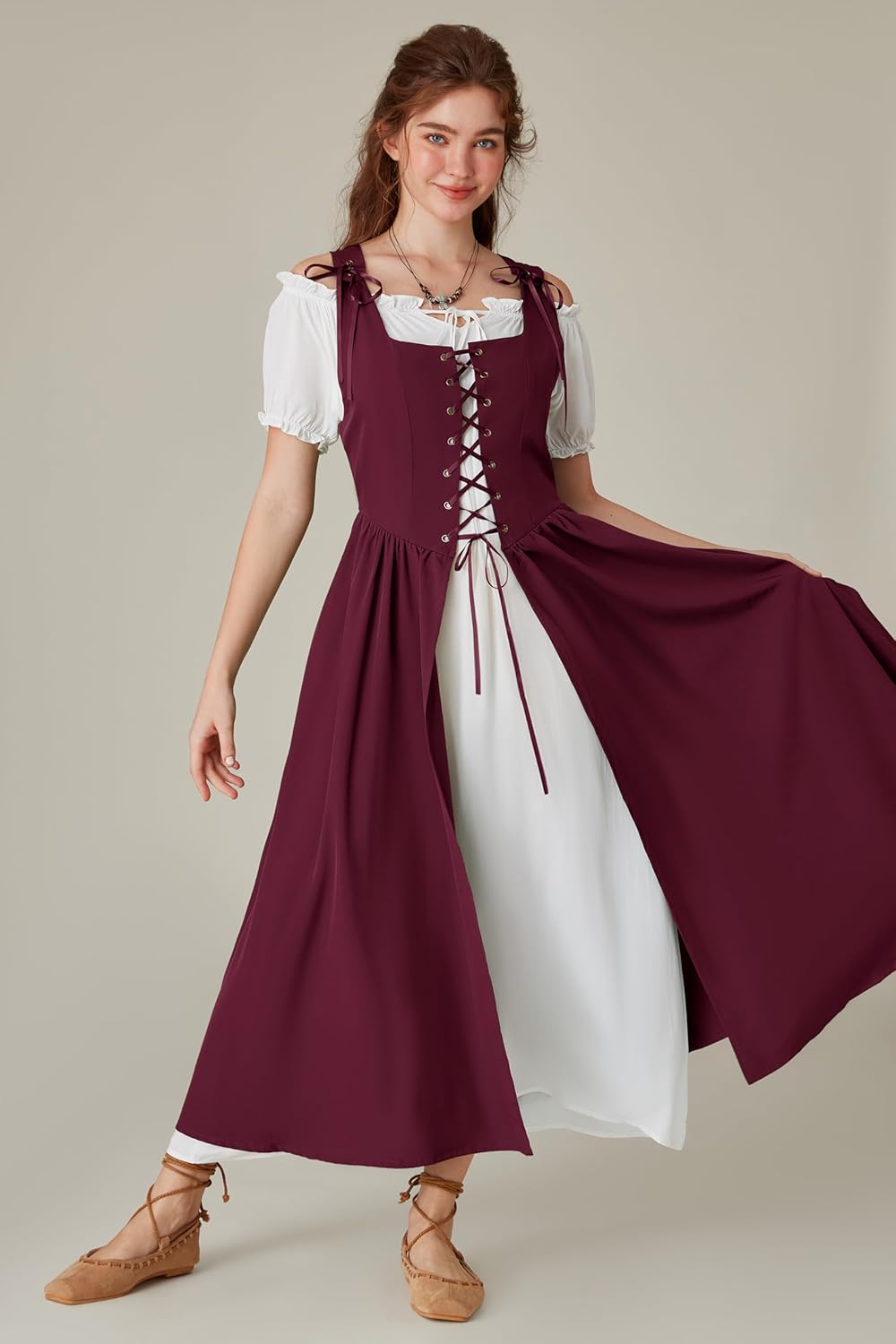 SCARLET DARKNESS Renaissance Costume Women Peasant Medieval Dress Short Sleeve Maxi Fairy Dresses with Pockets - Image 5