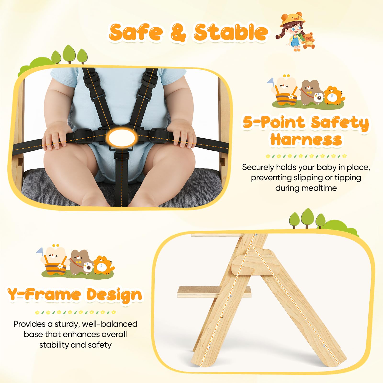 Chaise Haute Bébé Evolutive – Avec Coussin, Plateau Repas, Arceau de Sécurité, Harnais 5 Points et Sangle d’Entrejambe,en Bois Naturel, Chaise d'alimentation, Évolutive, Réglable