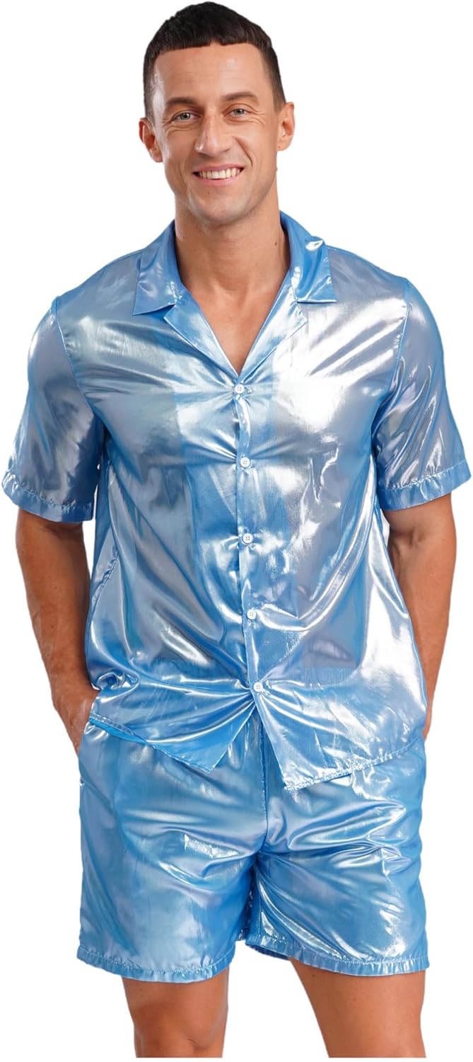 [Sotine] メンズ 半袖 トップス ベーシック 光沢感 ボタンダウンシャツ 短パンツ付 薄手 透け見え 柔らかい着心地 伸縮性