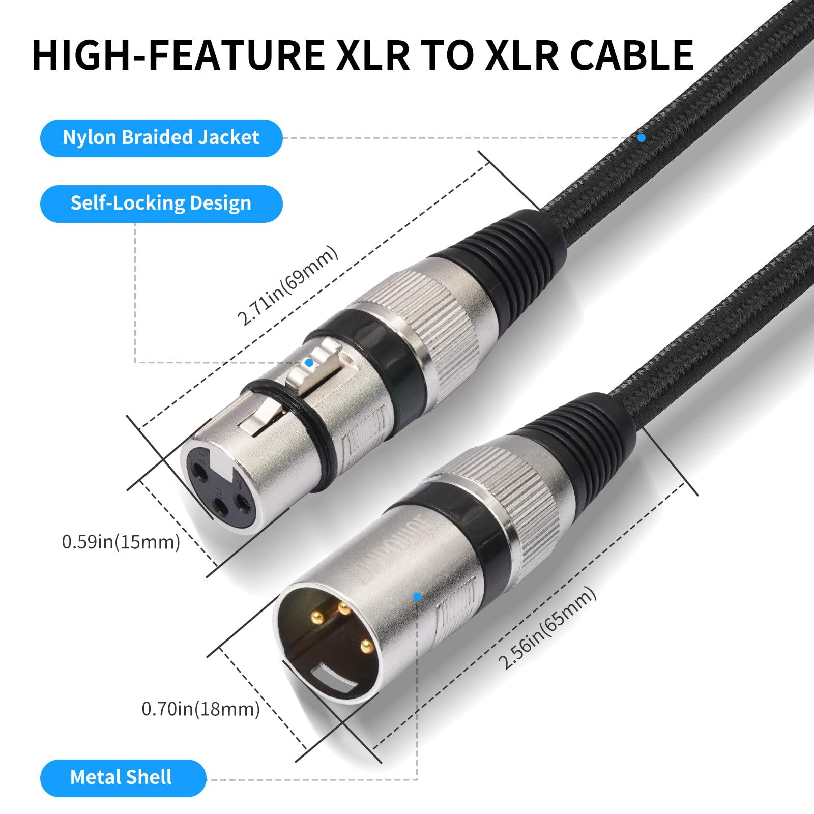 XLR Cable de micrófono trenzado de nailon Premium simétrico XLR, 3 pines DMX Microphone Connection Cable macho a hembra DMX Cable de micrófono con preamplificadores/sistemas de altavoces (1 m, 6
