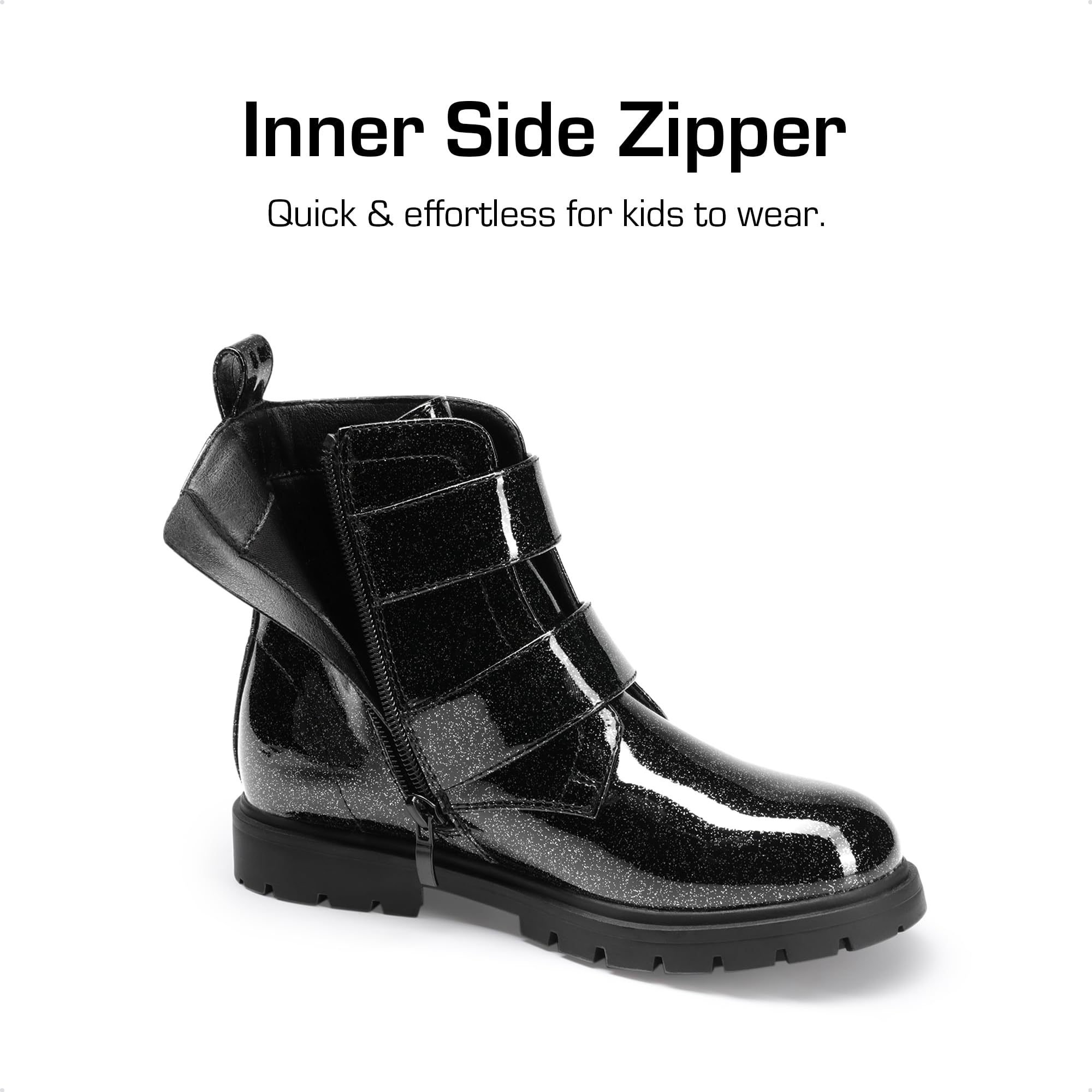 DREAM PAIRS Botines con purpurina para niñas y niños, con cremallera lateral, zapatos de combate con hebillas para niños pequeños, niños grandes