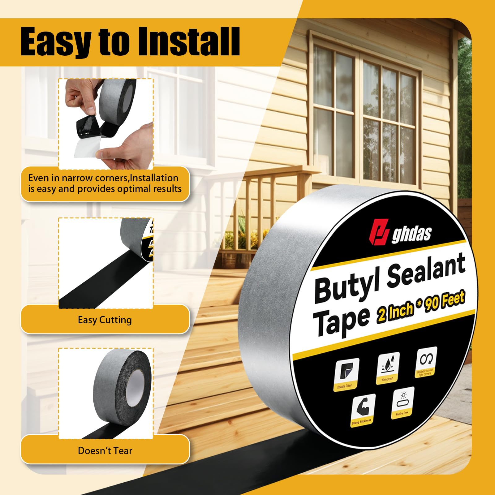 Bghdas - Paquete de 3 cintas selladoras de butilo de 2 pulgadas x 90 pies, doble cara, cinta de butilo de barrera de vapor negra para pared de espacio de arrastre, ventanas de caravana, barco de