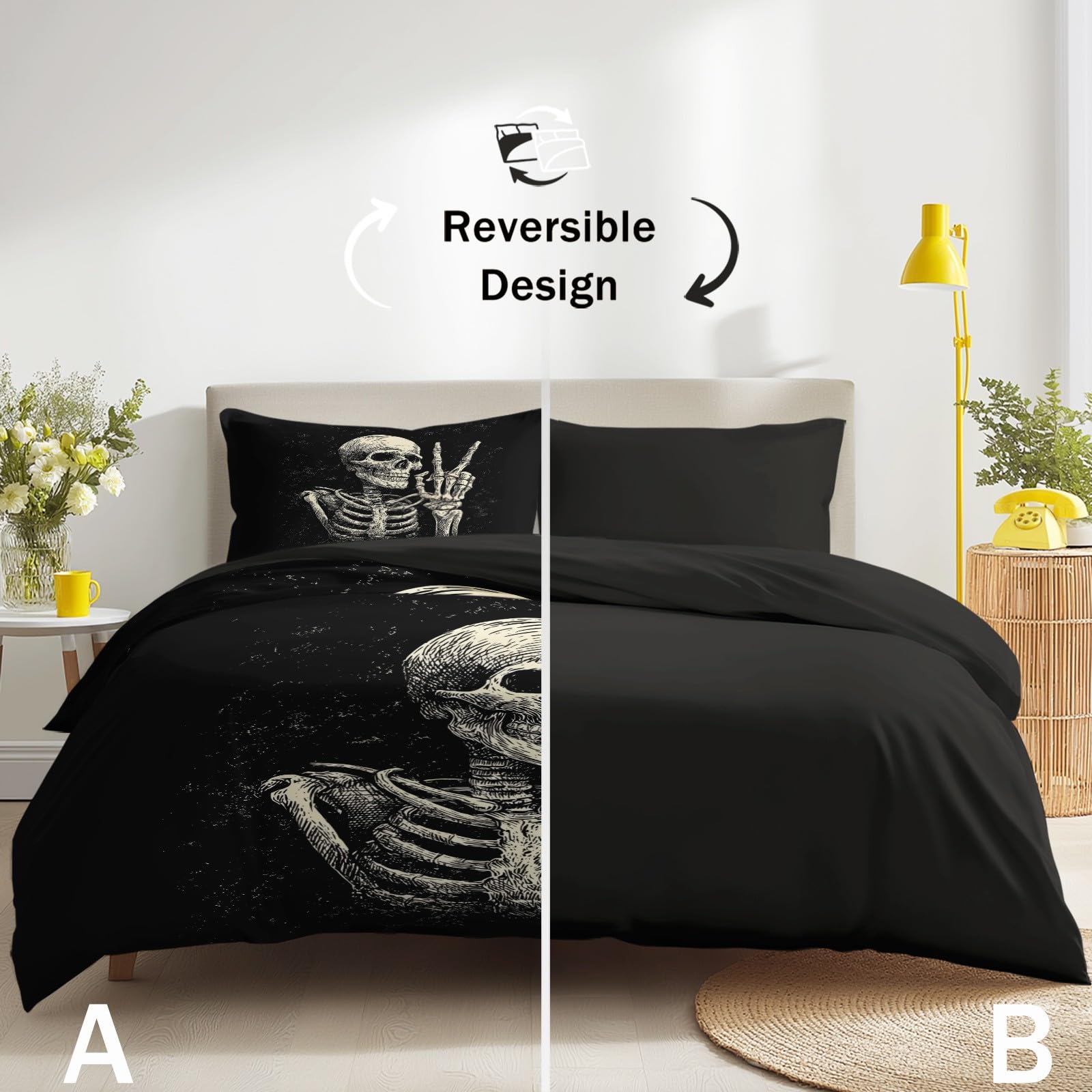 Generisch Gothic Lustig 3-częściowy komplet pościeli 135 x 200 cm, czarny – odwracalny komplet pościeli z mikrofibry, prześcieradło z gumką i poszewki na poduszki, miękka poszwa na kołdrę