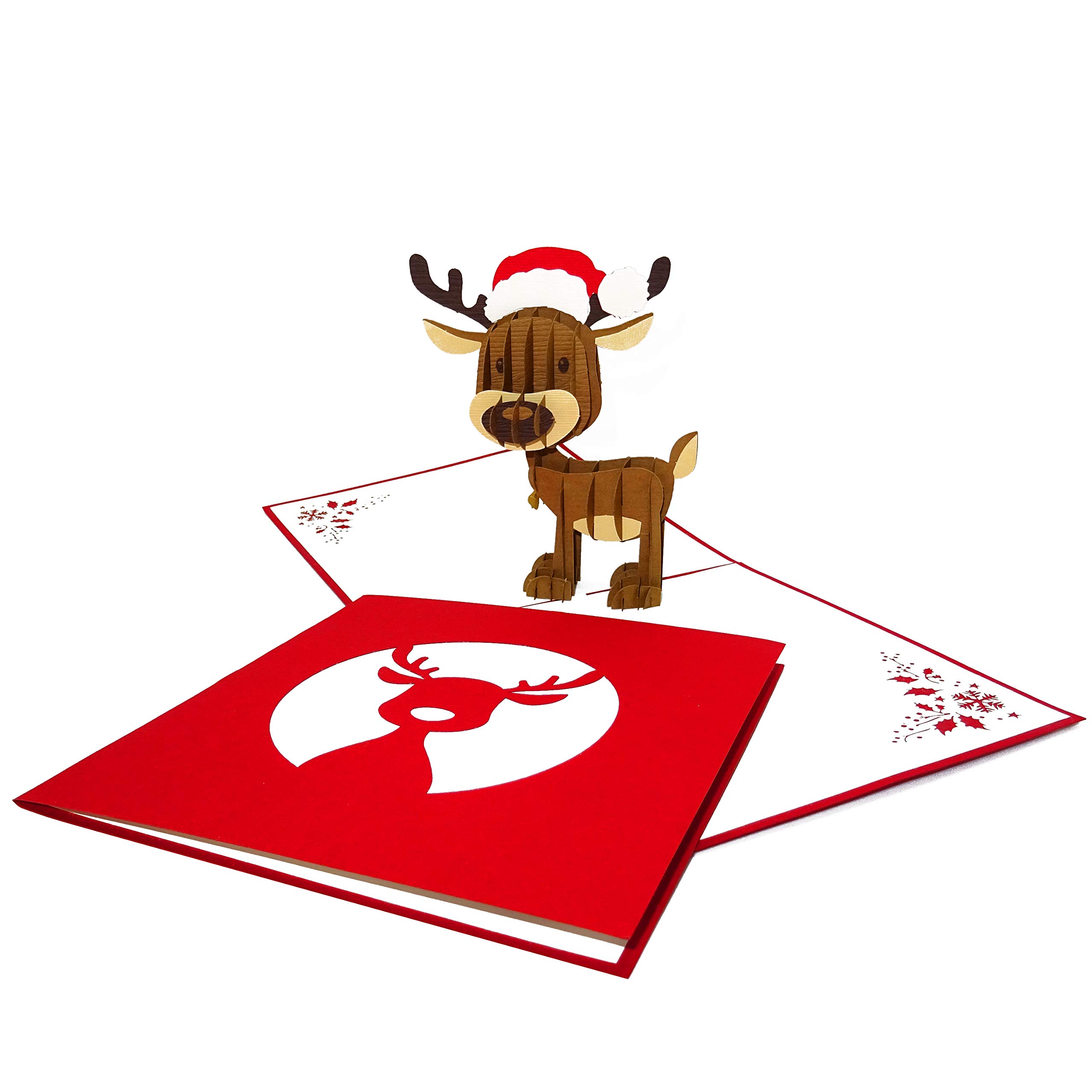 Biglietto Di Natale Pop-up 3D Con Renna E Cappello Di Natale – Formato 15x15 Cm, Con Busta, Simpatico Regalo Per Auguri Divertenti