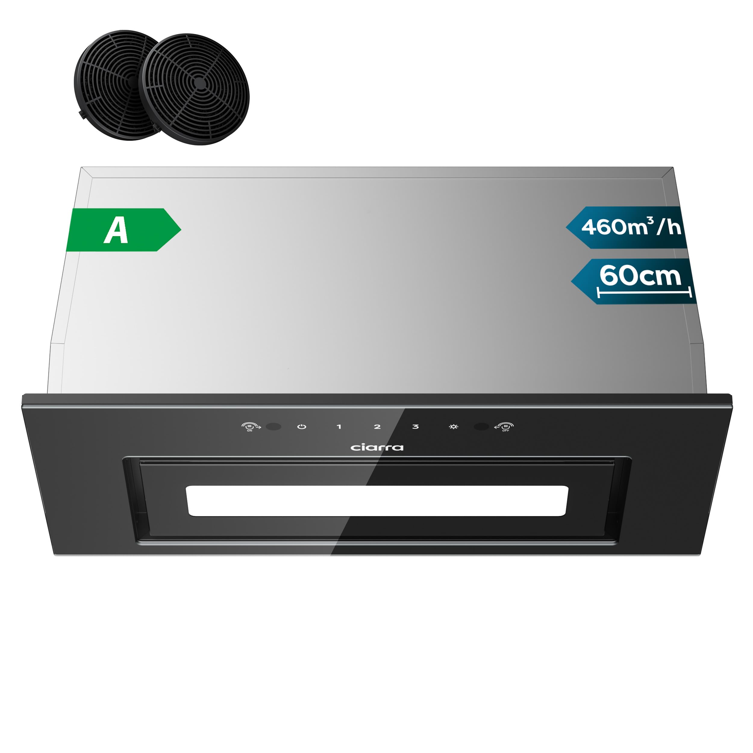 CIARRA CBCB6931B Einbau Dunstabzugshaube 60 cm Abluft Umluft 460 m³/h Sensor Touch-Bedienung Kohlefilter 3 Leistungsstufen Schwarz