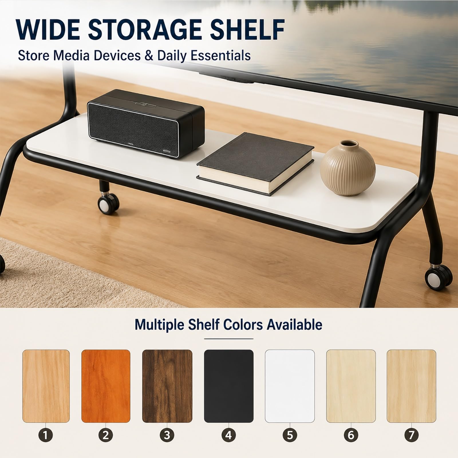 Supporto TV Mobile, Carrello TV Portatile con Ruote | Ruote con Blocco e Mensola Portaoggetti, Organizer Pegboard per Camera da Letto, Soggiorno e Ufficio(White,90cm/35.4in)