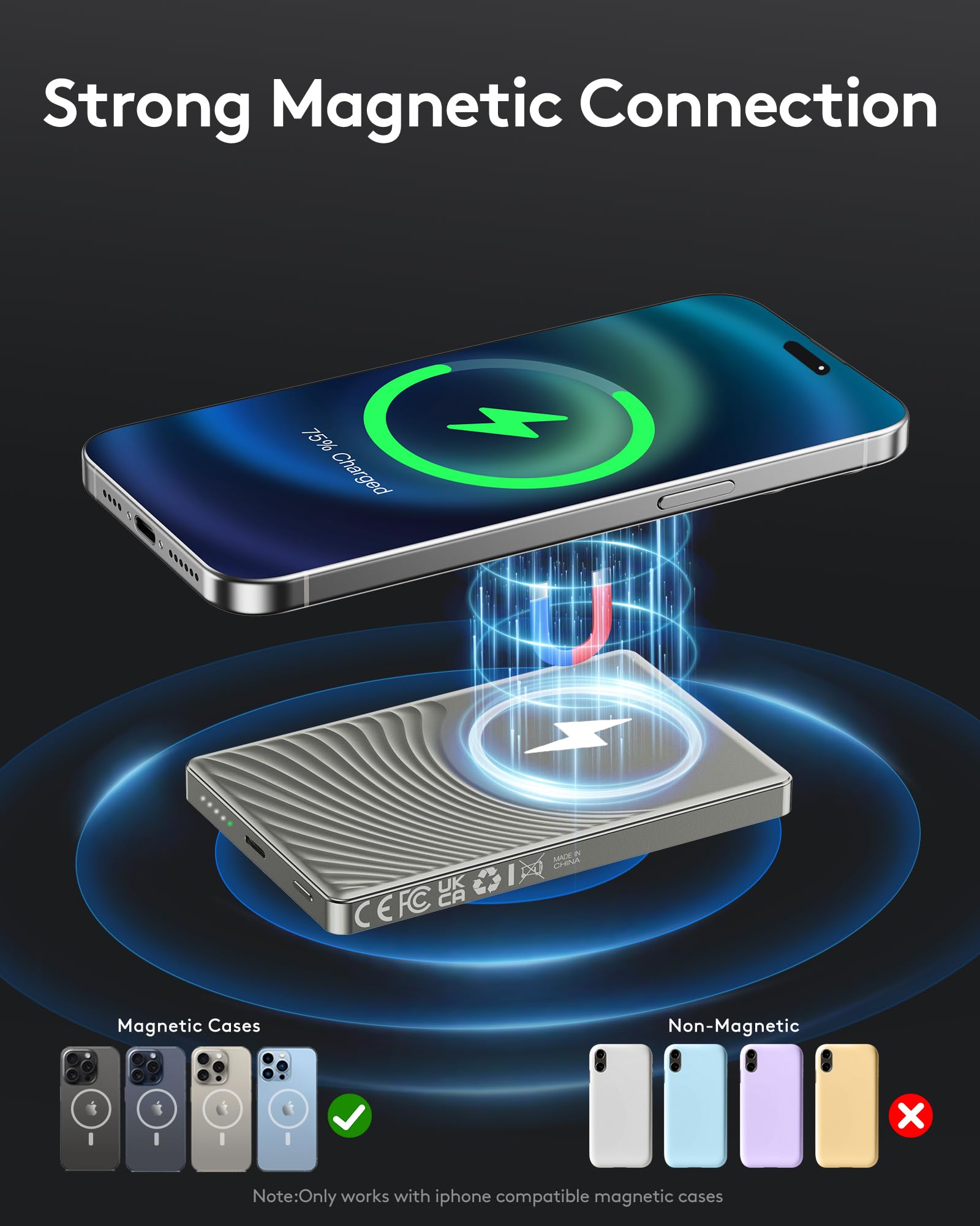 Magsafe Power Bank 10000mAh, Mini PowerBank Wireless 20W Ricarica Rapida con Ingresso e Uscita USB C, Caricatore Portatile Magnetico per iPhone 16/15/14/13/12 Pro Max/Mini/Plus (Grigio)