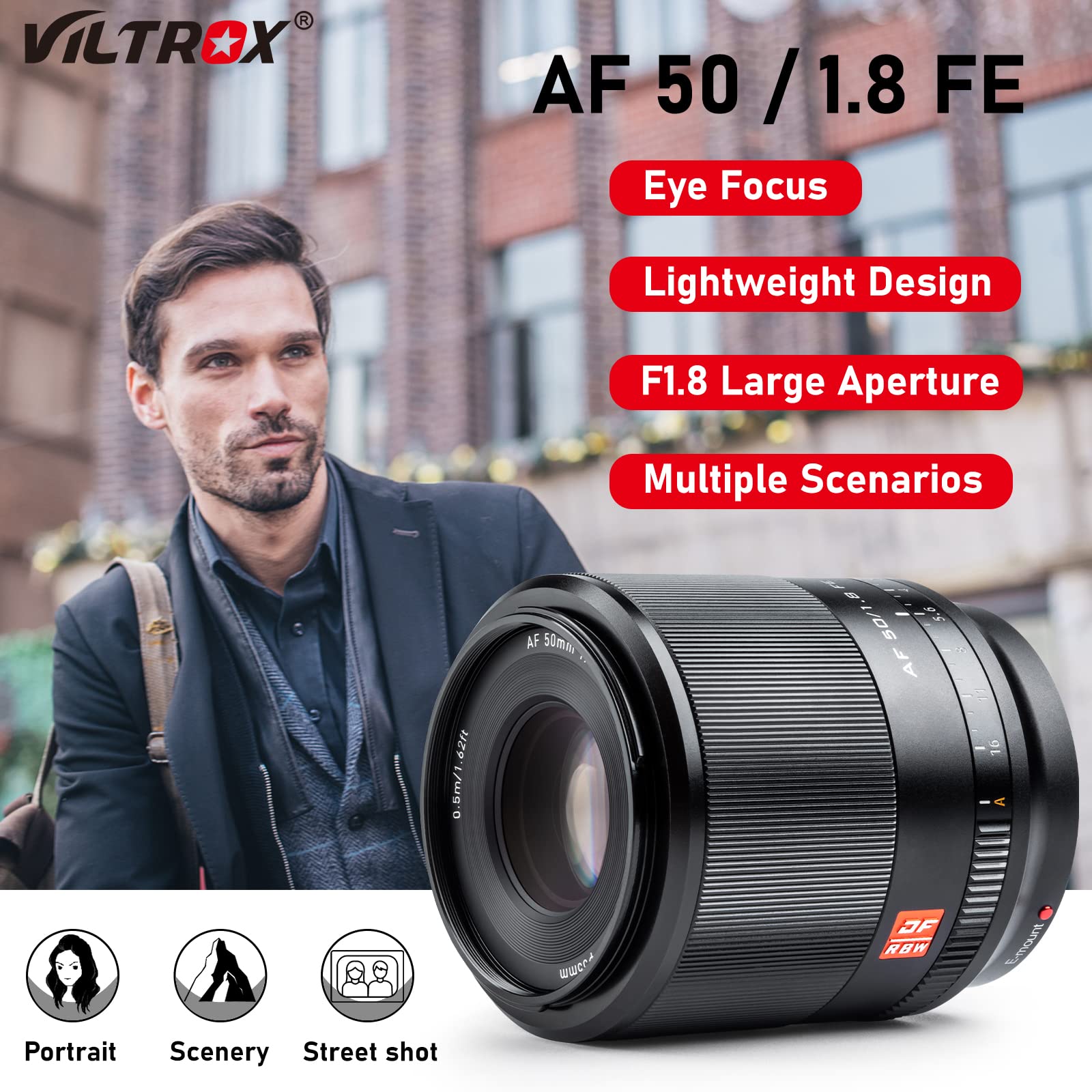 VILTROX 50mm F1.8 II Objetivo Montura E para Sony a7SIII a7III a7RIV a7RIII a9 a7(STM, Full Frame, Enfoque automático) Negro