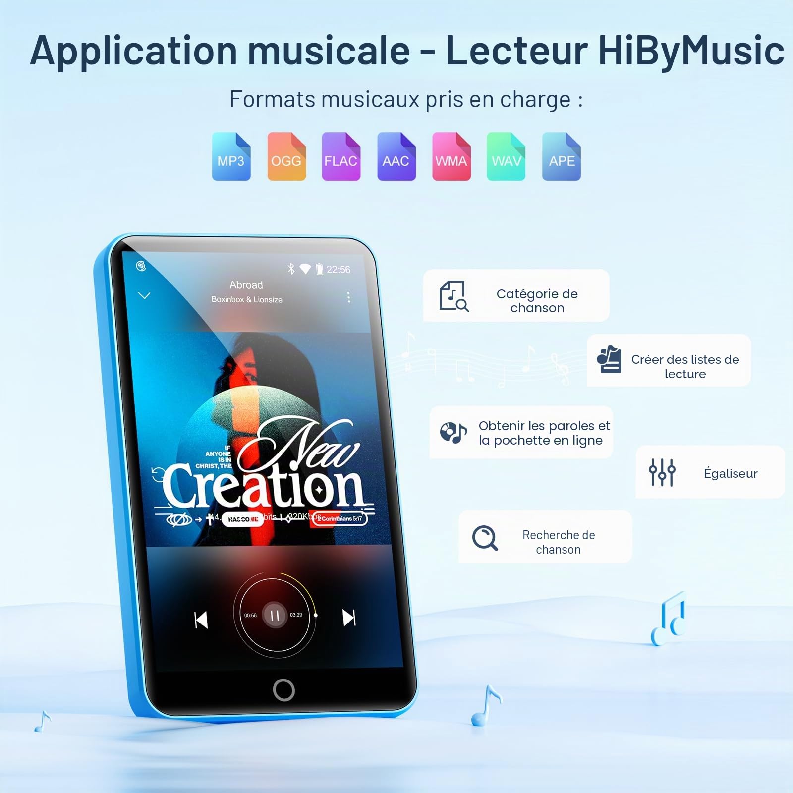 Oilsky Lecteur MP3 Bluetooth WiFi 80GB 4" 1080P Tactile Android 9.0 Portable Spotify Audible Deezer Bleu