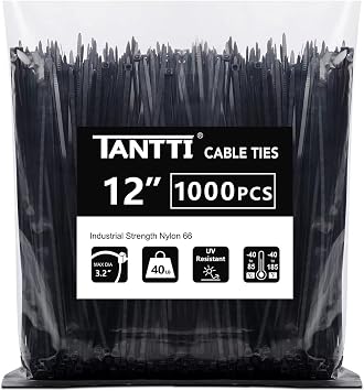 Zip Ties 12 inch, Black Zip Ties 1000 pack, 40lb, Cable Ties, Self-locking Wire ties for indoor and outdoor use, by Tantti