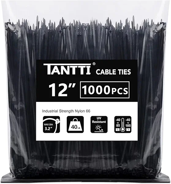Zip Ties 12 inch, Black Zip Ties 1000 pack, 40lb, Cable Ties, Self-locking Wire ties for indoor and outdoor use, by Tantti