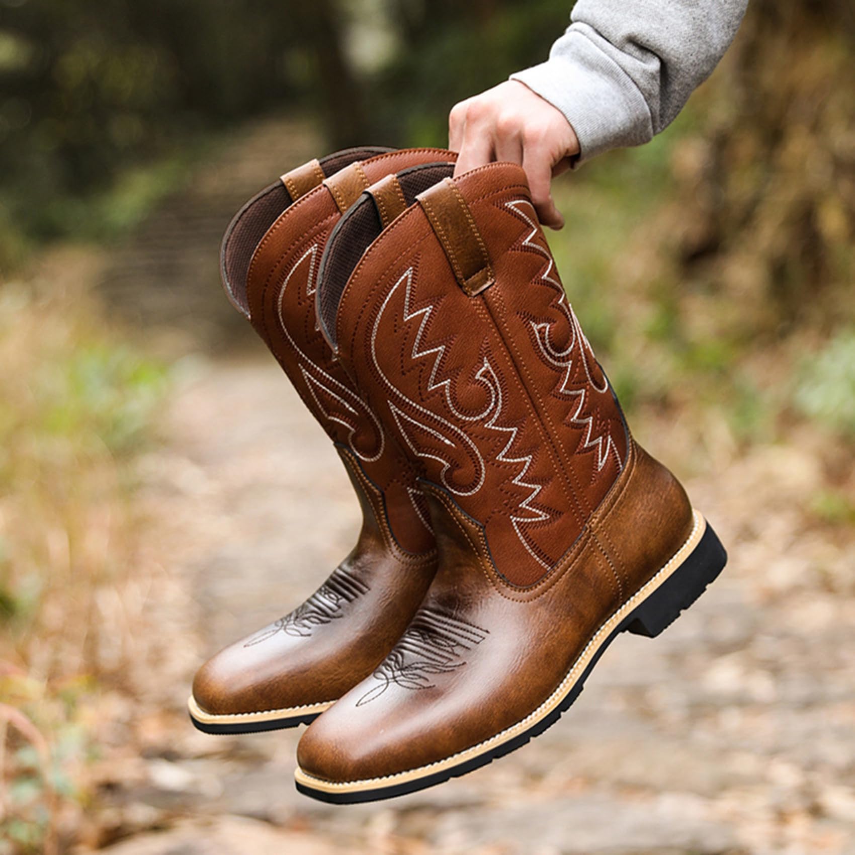 Stivali da Cowboy Western in Pelle con Punta Quadrata da Uomo Stivali da Lavoro Casual a metà Polpaccio Stivali Country Ricamati in Pelle Stivali Country Tradizionali Tradizionali