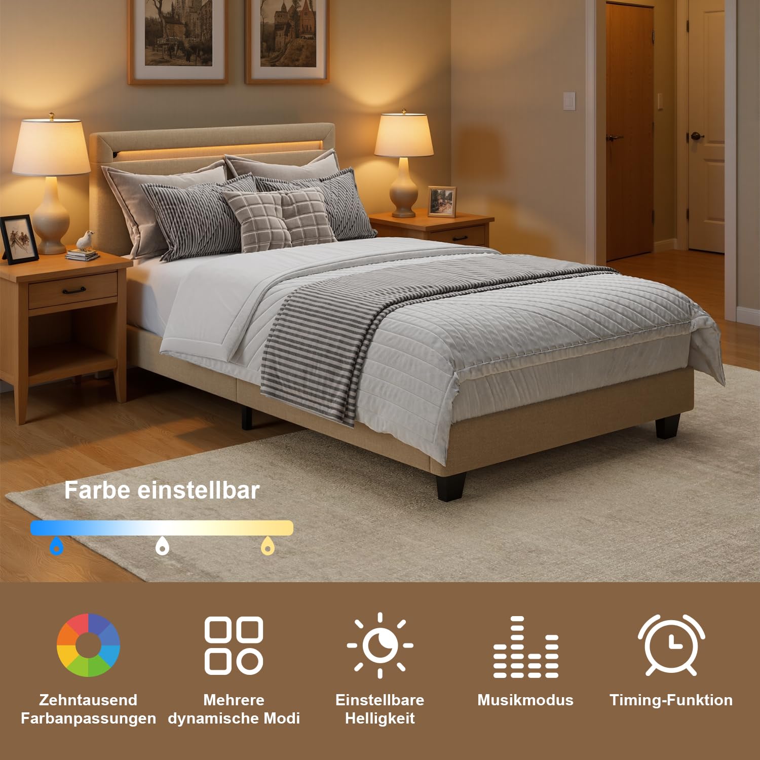 Blishom Łóżko tapicerowane 90x200cm z oświetleniem LED, tapicerowane łóżko platformowe, konstrukcja stalowa, tapicerowany zagłówek, solidna podstawa (Beżowy)