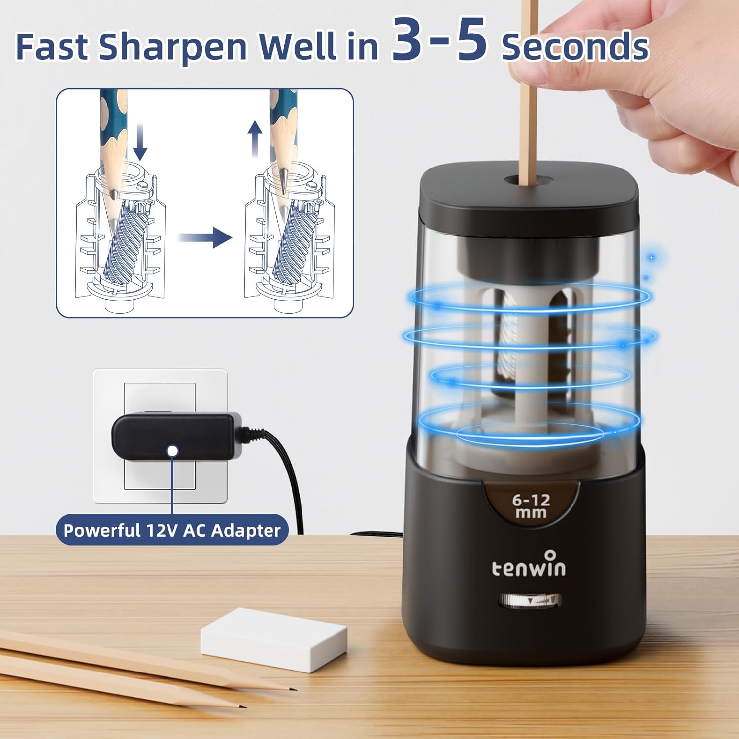 Tenwin Electric Pencil Sharpener - Auto Stop, Sharp & Fast, for 6-12mm Colored Pencils, Ideal for Home & Classroom (Black)
