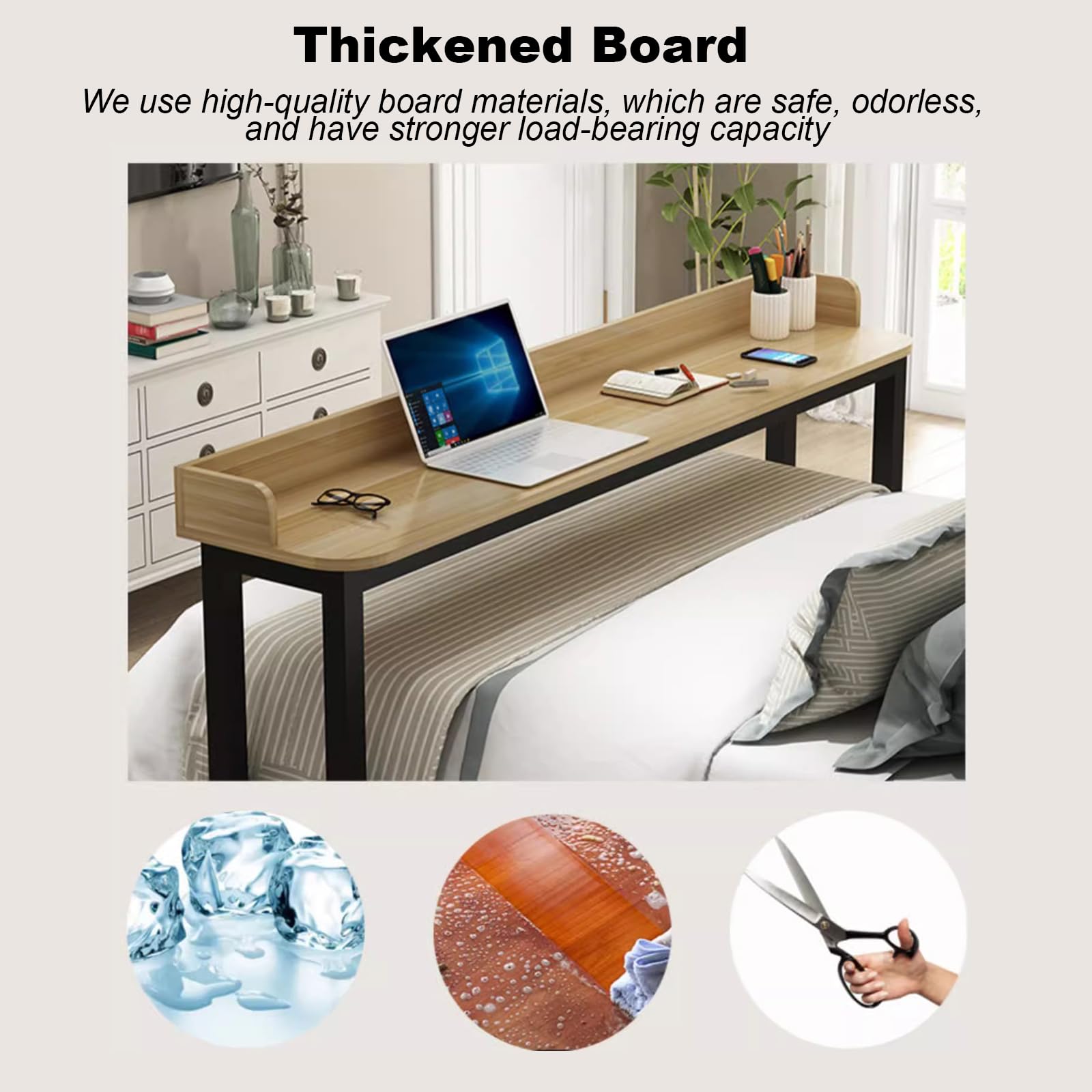 Mesa de altura ajustable con ruedas, escritorio de cama con ruedas para cama tamaño King, mesa cruzada de 67in / 170 cm, color blanco y negro, ideal para el trabajo o las comidas