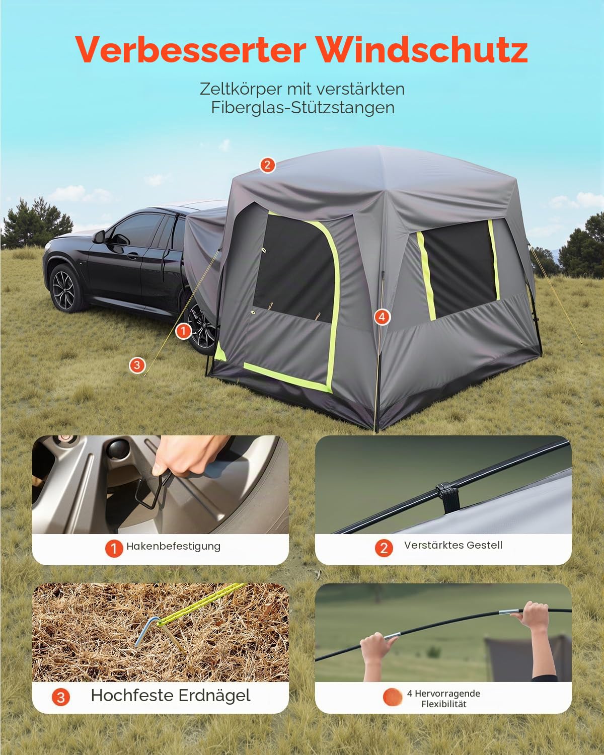 VEVOR SUV-Zelt Camping Auto-Zelt (248 x 308 x 230 cm) wasserdichtes PU2000 geräumiges Doppelschicht-Design für 5-8 Personen, SUV-Campingzelt mit Fenstern & Netzfenstern & Regendach & Tasche