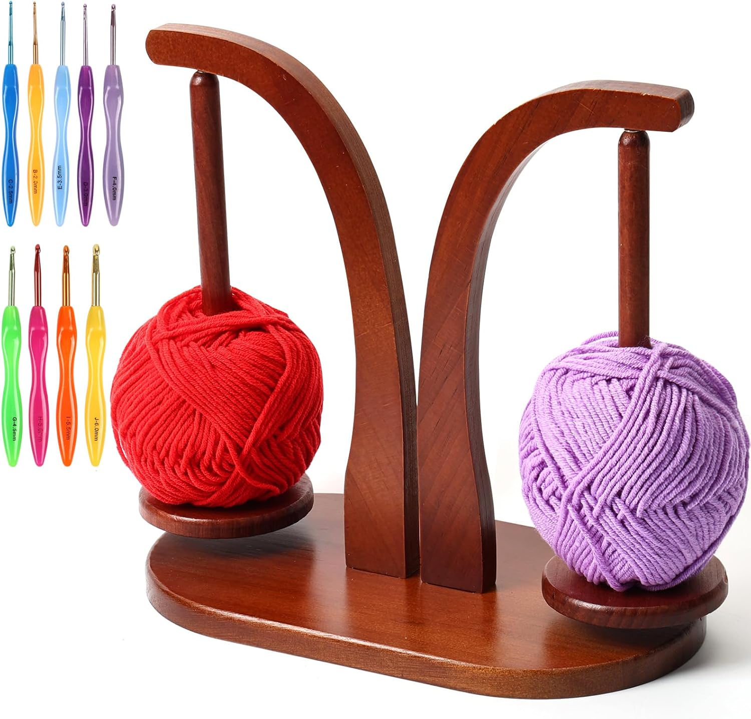 magnetic yarn holder for knitting and crocheting, wooden yarn spool rack with 2 spindles, ball holder spinner for crochet gifts for crochet lovers knitters, equipped with 9 alumina crochet hooks