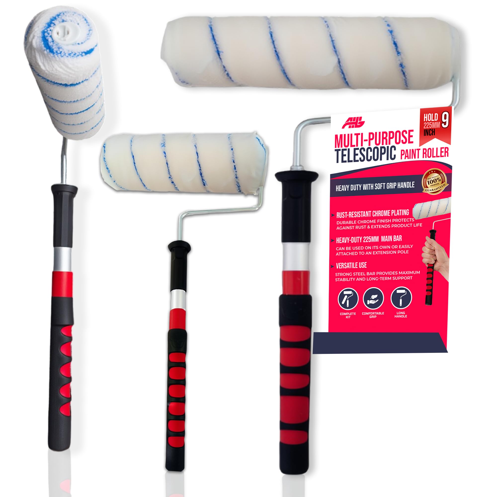 AHG 9 Inch Telescopic Paint Roller – Heavy Duty Extendable Roller with Soft Grip Handle | Adjustable Pole 18.5"–28" for Walls, Ceilings & Large Surfaces | Medium Pile Sleeve for Smooth & Semi-Smooth