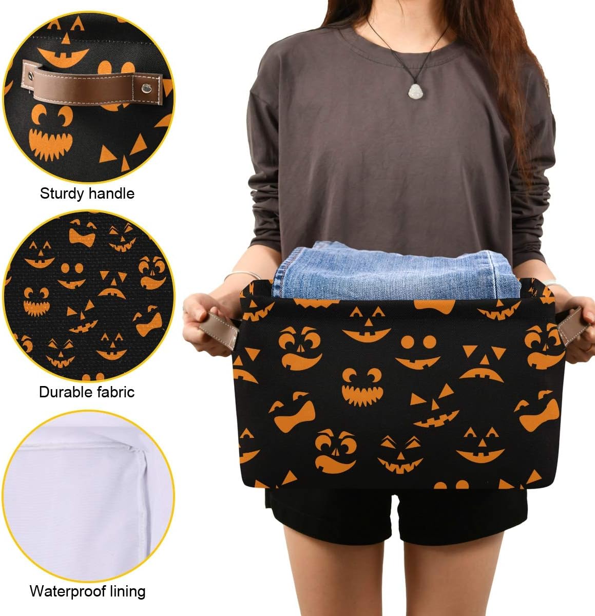 Halloween Basket Cute Halloween Baskets with Handles Collapsible Organizer Box Shelf Storage Baskets for Holiday Home Decor 2PCS