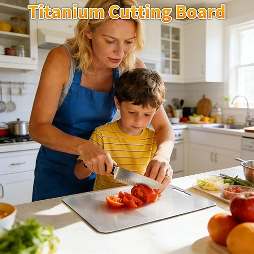 Miniatura 3 de ZYBIDEAL Tabla de cortar de titanio puro, tablas de cortar de acero inoxidable para cocina, cortar de doble cara de grado alimenticio para carne,