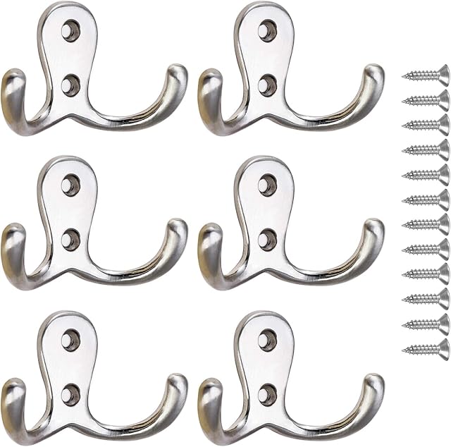 6 PCS Double Prong Robe Hook, Chrome Dual Coat Hooks, Metal Door Hooks Cloth Hanger with Screws Hanging Clothes Robe Towel for Bathroom Bedroom Door Wall (Silvery)