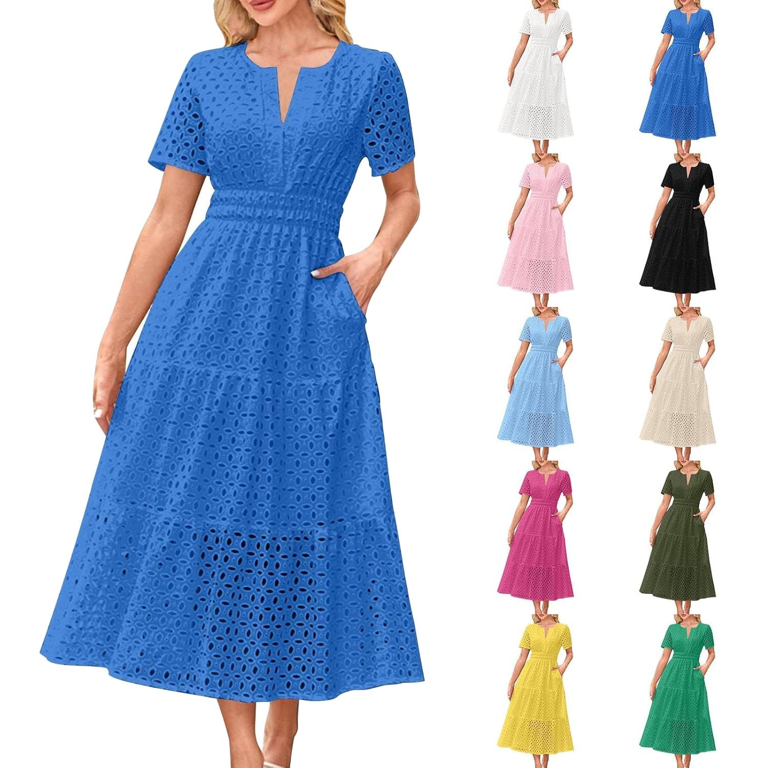 Vestidos de Verano, Vestido de Manga Corta con Ojales, Cuello en V,Vestidos playeros Largos y fluidos, Estilo Bohemio, Elegante, Informal, Largo, con Bolsillos, Vestido de Verano Informal.