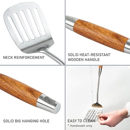 Miniatura 4 de Juego de utensilios de cocina de acero inoxidable 304 con mango de madera, 8 utensilios de cocina de metal y utensilios para servir, juego de