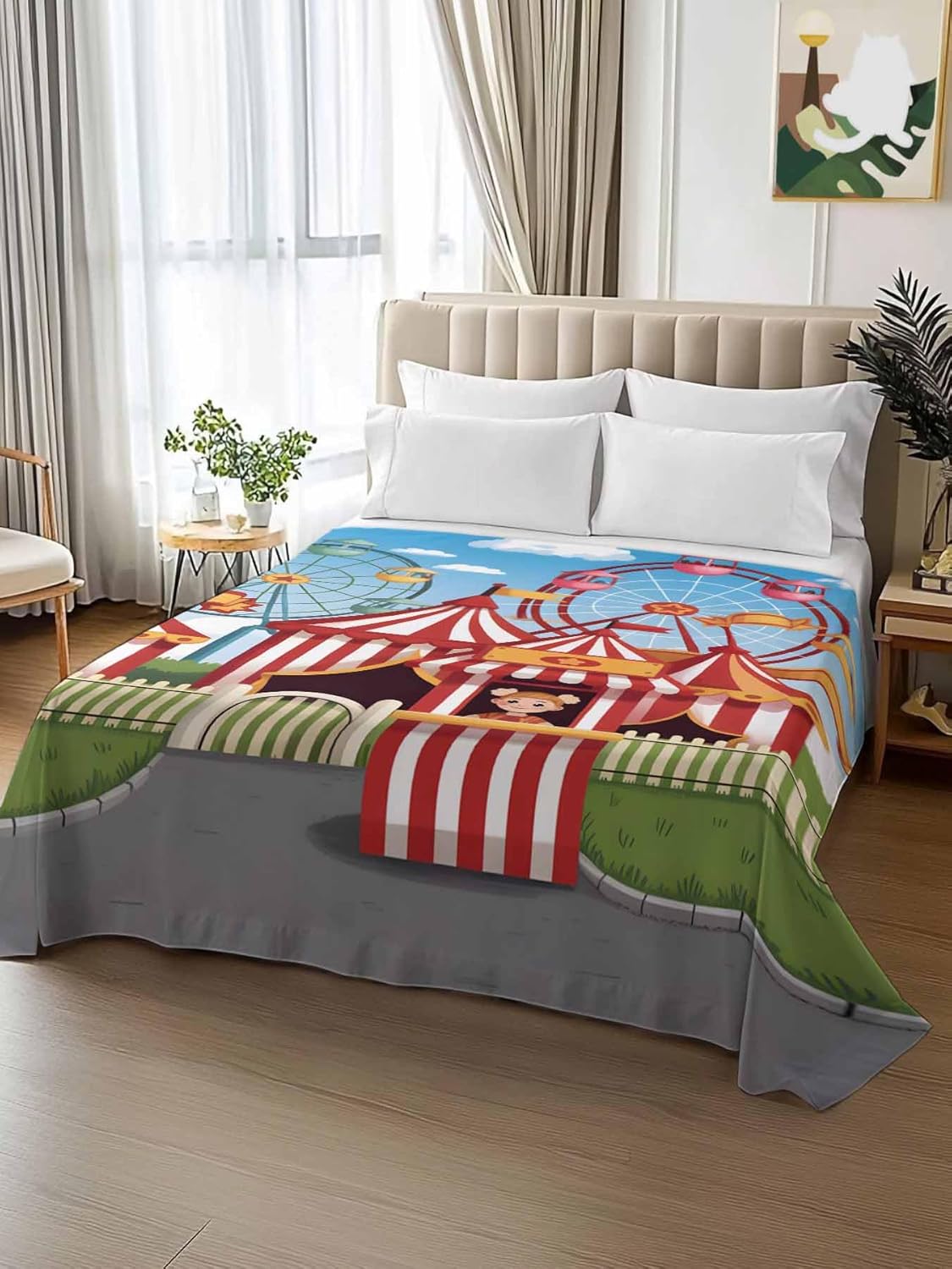 Full Size Flat Sheet Only, Carnival Amusement Park Bed Top Sheet Soft Microfiber Breathable Bedding Flat Sheets, Cartoon Wheelwheels Cute Kid Top Sheets Hotel Luxury