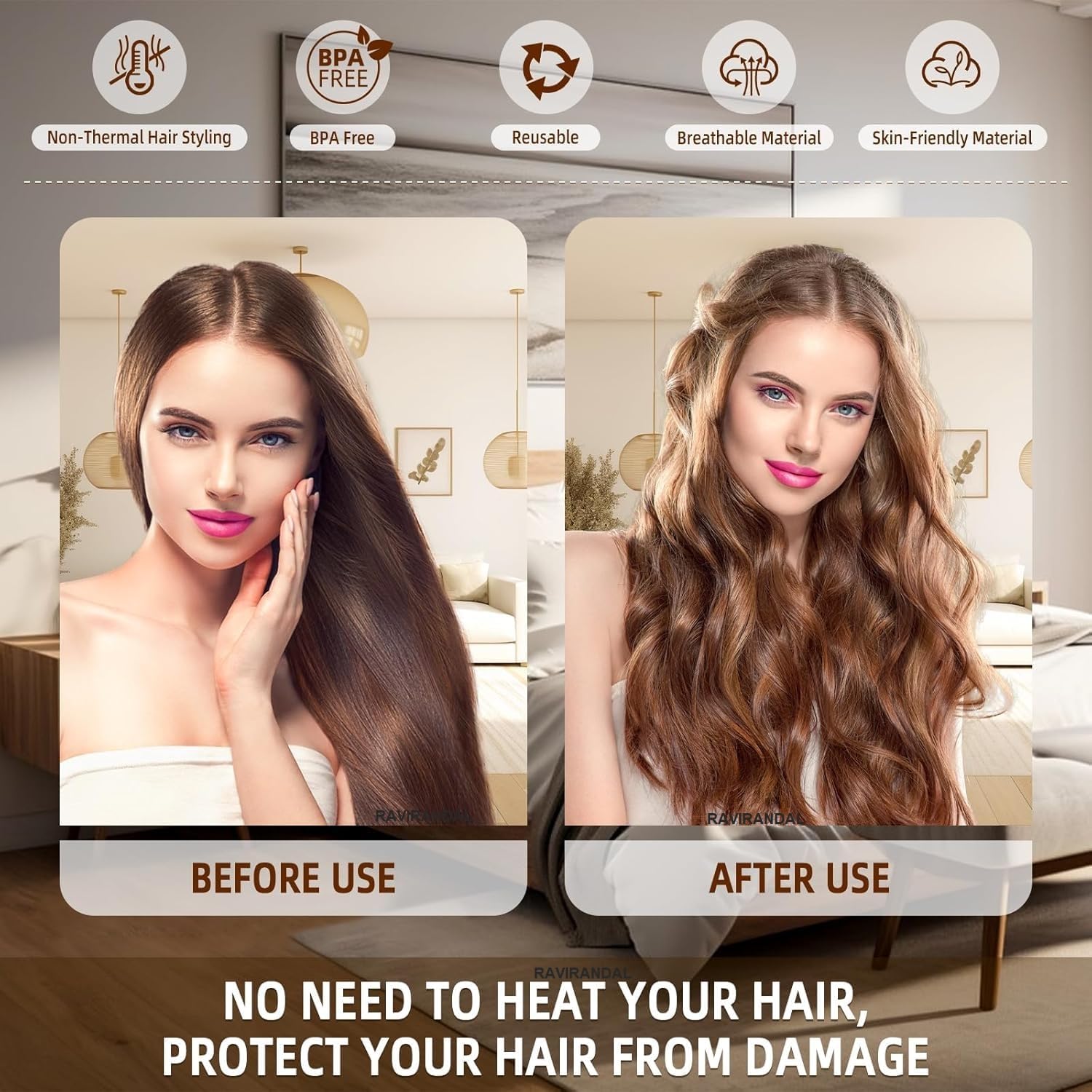 RAVIRANDAL Heatless Hair Curler, Flexible Curling Rod with Hook, Satin Rollers for All Hair Types, No Heat Curls to Sleep for Curl Rods, Heatless Curls for Blowout Hair, Brown 1