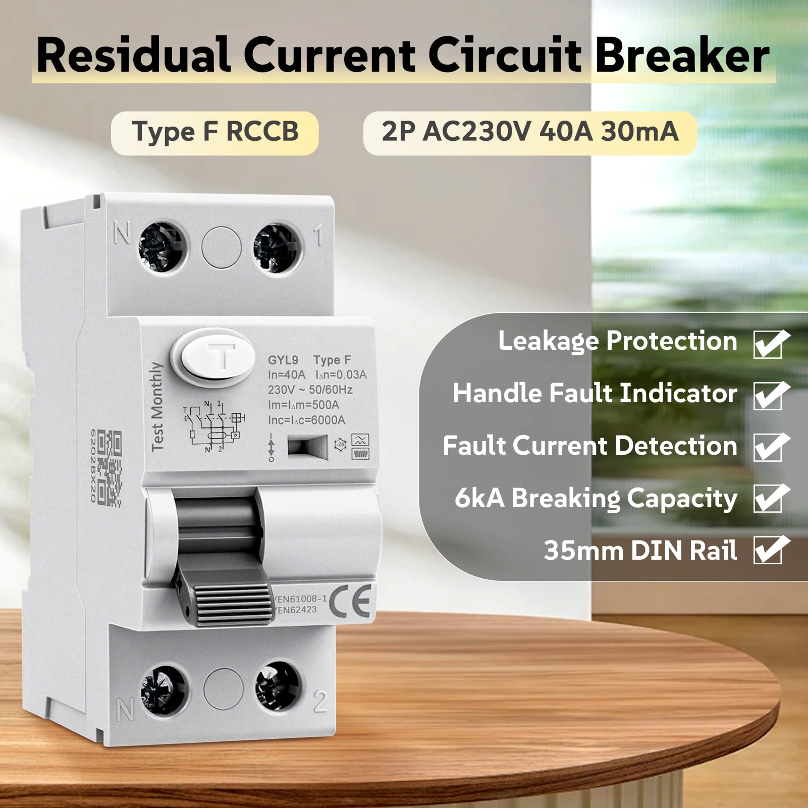 Disjoncteur différentiel 30mA 40A Type F 2 pôles interrupteur différentiel 40A 30mA 6kA 2P AC230V RCCB disjoncteurs électriques adapté aux équipements monophasés à charge variable GYL9