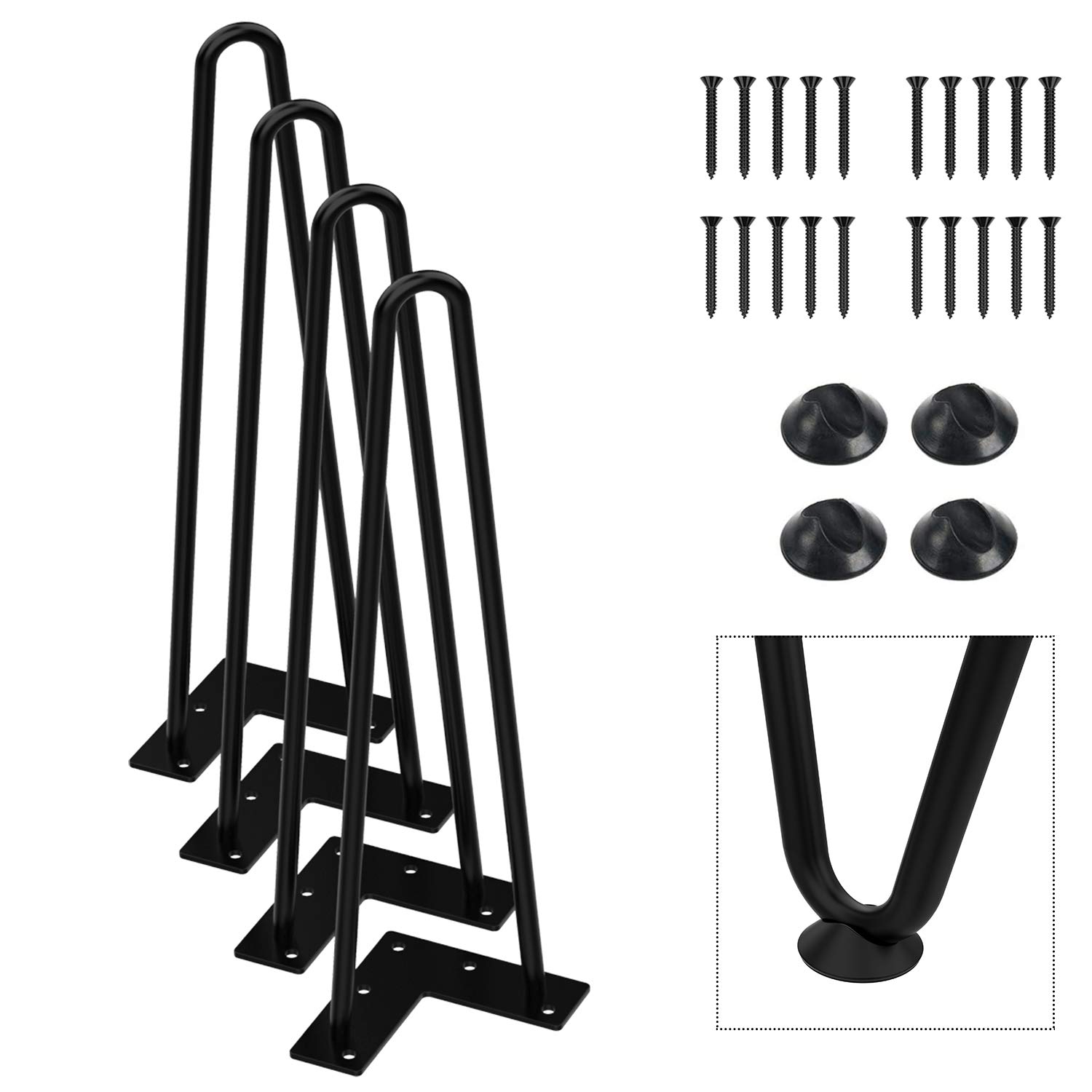 Orgerphy 14 Inch Black Heavy Duty Fork Coffee Table Legs | 3/8" Diameter | with Screws and 4 Extra Rubber Floor Protectors | Desk Legs c