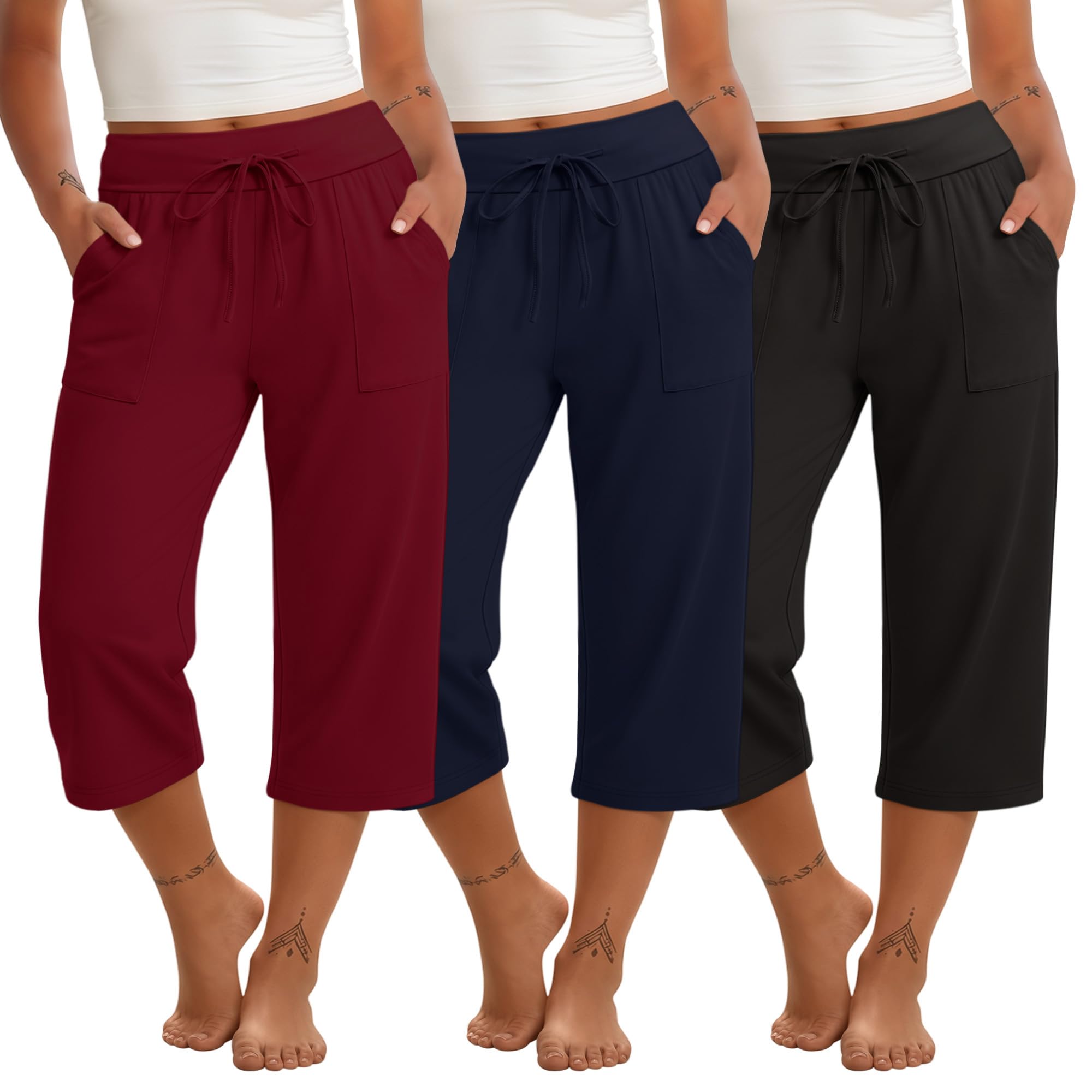 Evervibe 3 Pack Women's Plus Size Capri Pants, Drawstring Capris Sweatpants Casual Summer Cropped Pants with Pockets