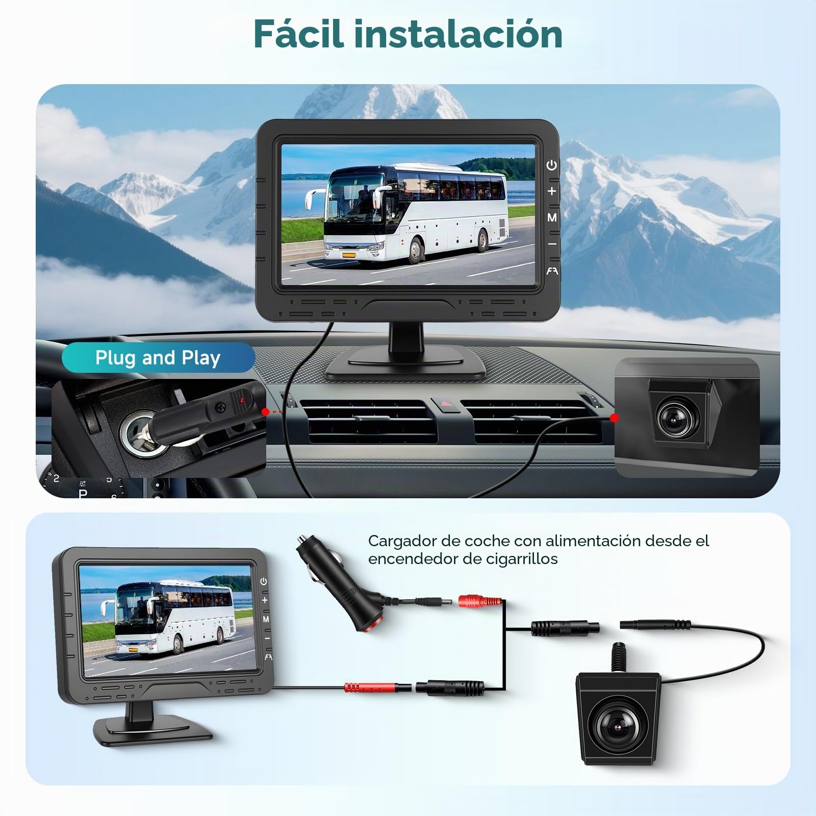 Hodozzy Kit de Monitor con Cámara Marcha Atrás Cable con Cámara de 360°, 1080P Pantalla 4,3 Pulgadas Camara de Vision Trasera, Visión Nocturna IP68 Impermeable Cámara Atras Coche con Líneas Guía DIY