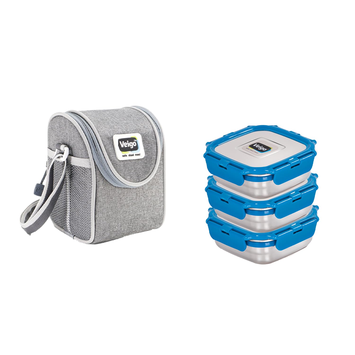 Veigo Stainless Steel Medium Snack Box Set of 3(330 ml + 330 ml+ 330 ml) with Insulated Pouch | Airtight & Leakproof| Freezer & Dishwasher Safe| Snacks Box for School|Safe Lid Lock|Deep Blue