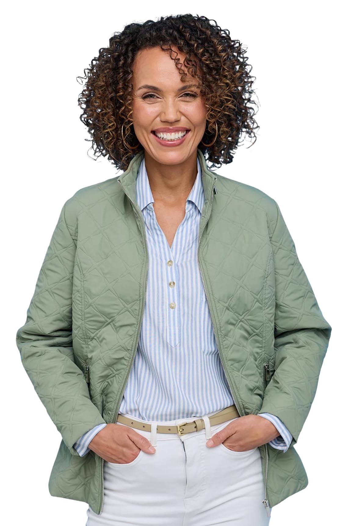 Amber Women's Soft Green Mock Quilt Showerproof Zip Jacket With Concealed Hood, Lightweight Diamond‑Effect Quilted Coat In Blue Or Sizes 10–20 10