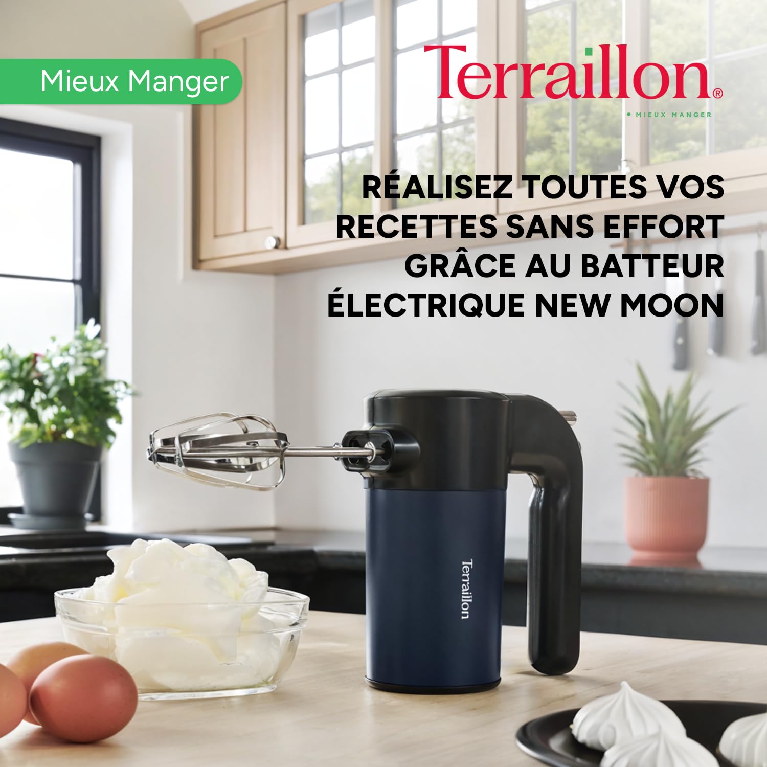 TERRAILLON - NEW MOON- Batteur Electrique, Fouet Inox, Fonction turbo, 5 vitesses, 400W, Bouton Eject, Corps en Inox peint, Bleu