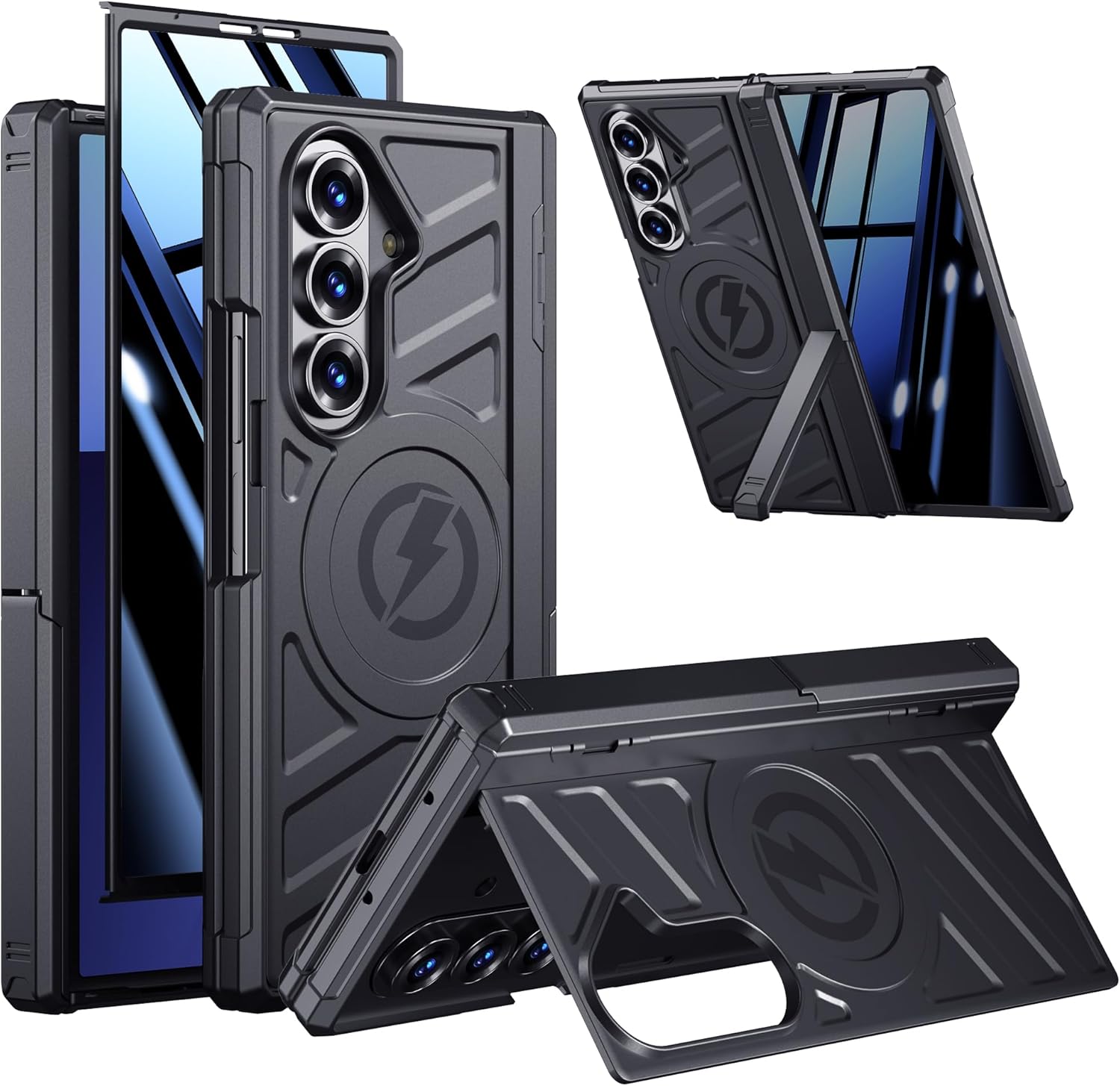 Armor Magnetic for Samsung Galaxy Z-Fold-7 Case: Dual Stand Horizontal & Vertical, Privacy Screen Protector, Hinge Protection, Fit for MagSafe Wireless Charging, Shockproof Magnet Phone Cover, Black