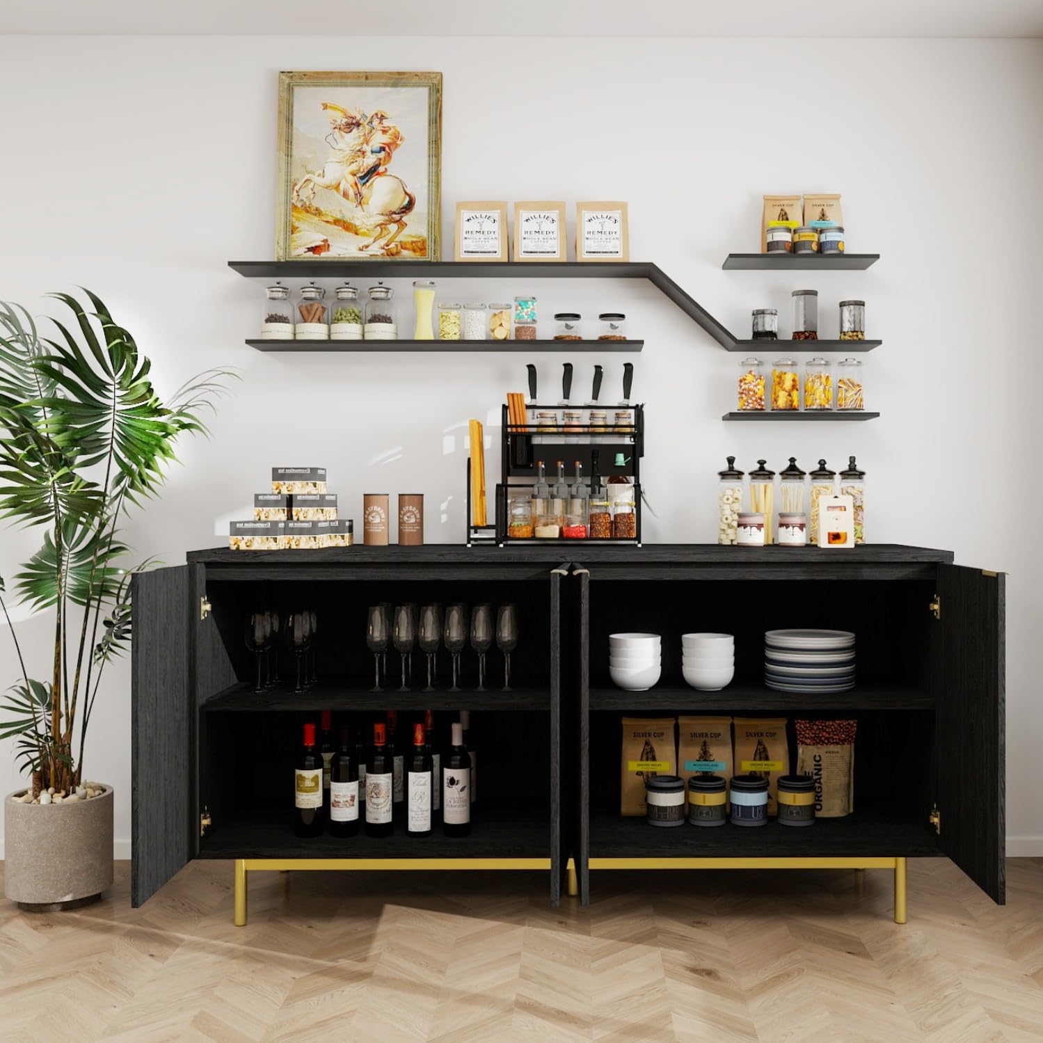 MUUEGM Sideboard Buffet Cabinet with Storage, 58" Large Kitchen Storage Cabinet with Shelves and 4 Fluted Doors, Modern Console Table for Kitchen, Dining Room, Hallway(Black)