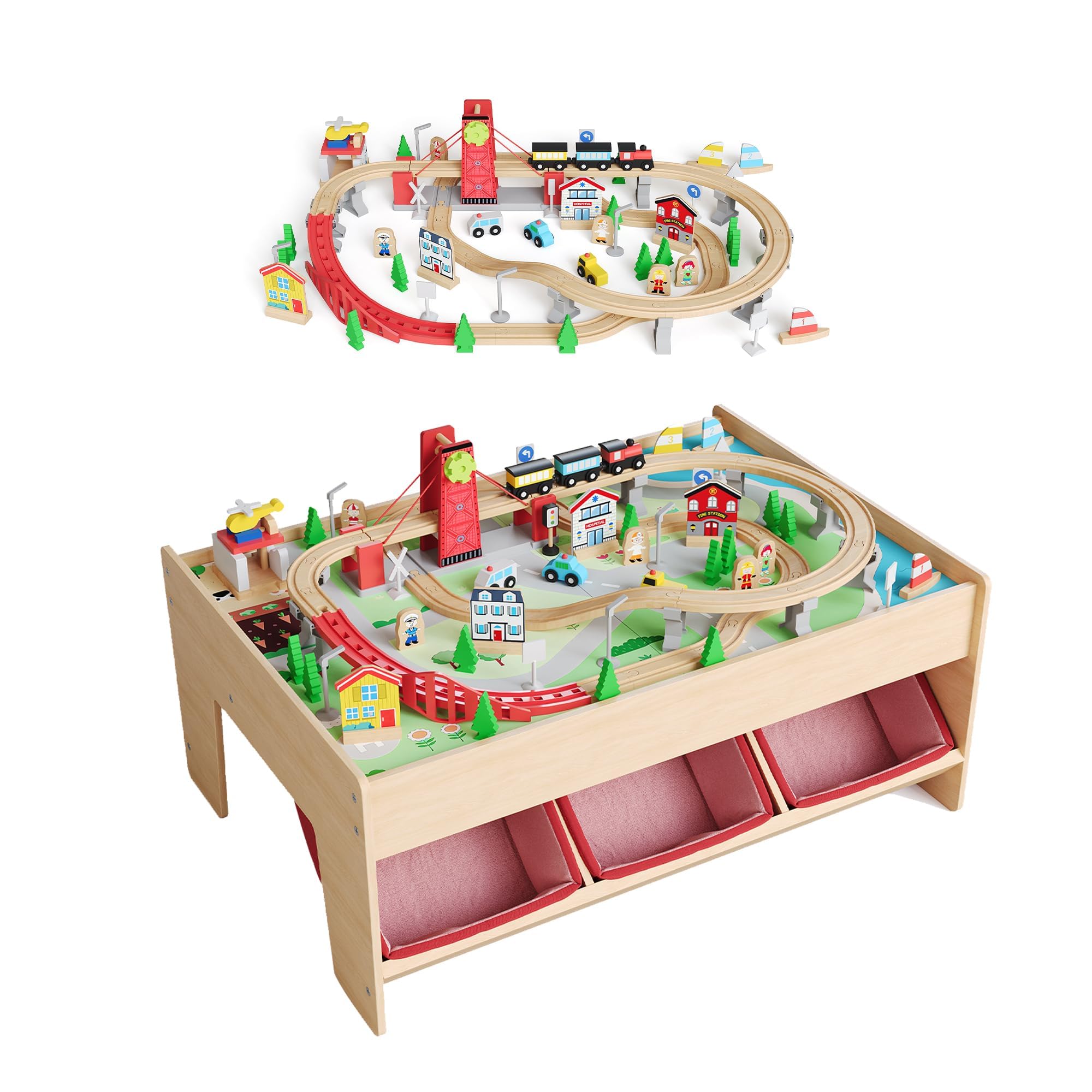 2-in-1 Wooden Train Table Set for Kids – 90-Piece City Railway Track Playset – Multi-Purpose Activity Table with 3 Storage Bins – Educational Toy for Ages 3+ – Perfect for Playroom – Color: Wood