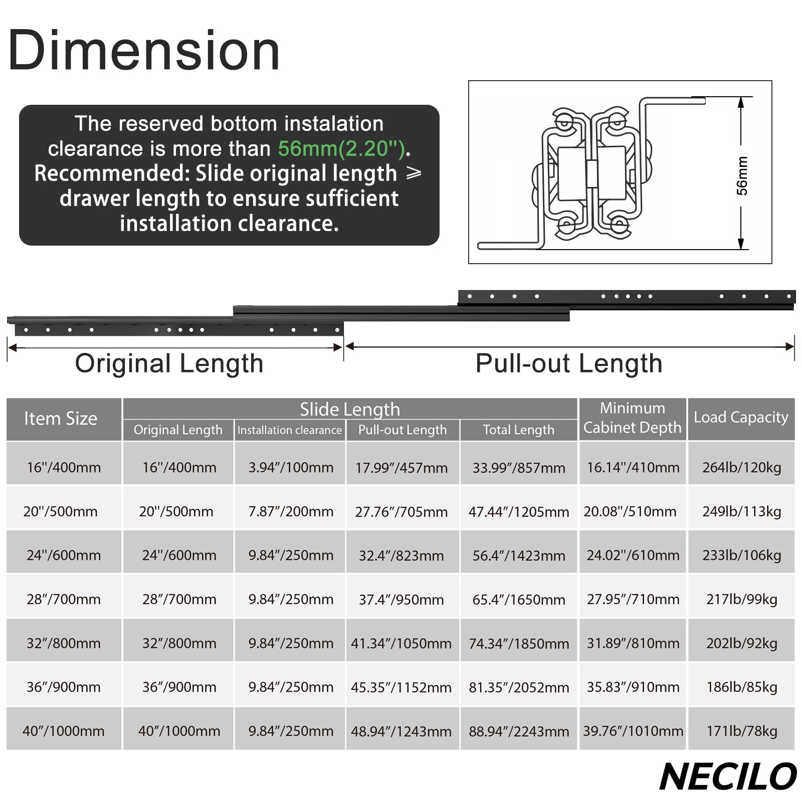 NECILO Guías para Cajón de Escalera de Carga Pesada 600 mm, Extensión Total, con Rodamientos de Bolas, para Cajones Bajo Escalera y Gabinetes Base, Montaje Inferior Oculto, 1 Par