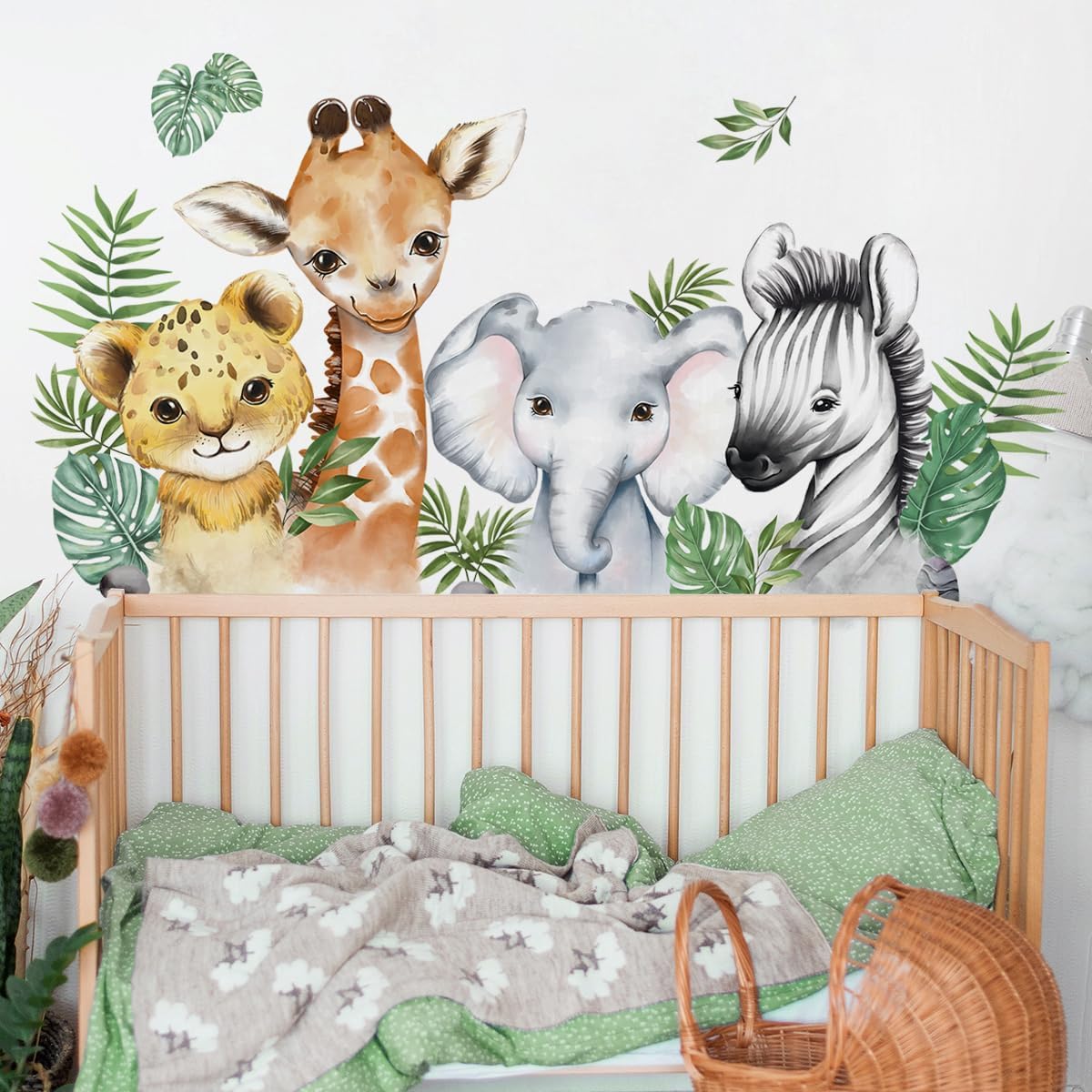 clothmile 52.51x23.62 Inch Watercolor Jungle Animal Wall Decals Forest Animal Wall Sticker Elephant Lion Monkey Wall Decals for Baby Nursery Playroom Bedroom Classroom Kindergarten Wall Decor