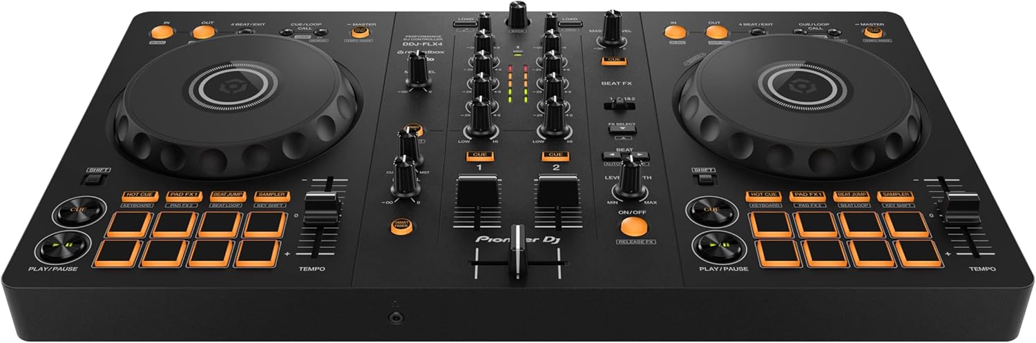 Pioneer DJ DDJ-FLX4 2-deck Rekordbox and Serato DJ Controller + Pyle Portable Dual Laptop Stand