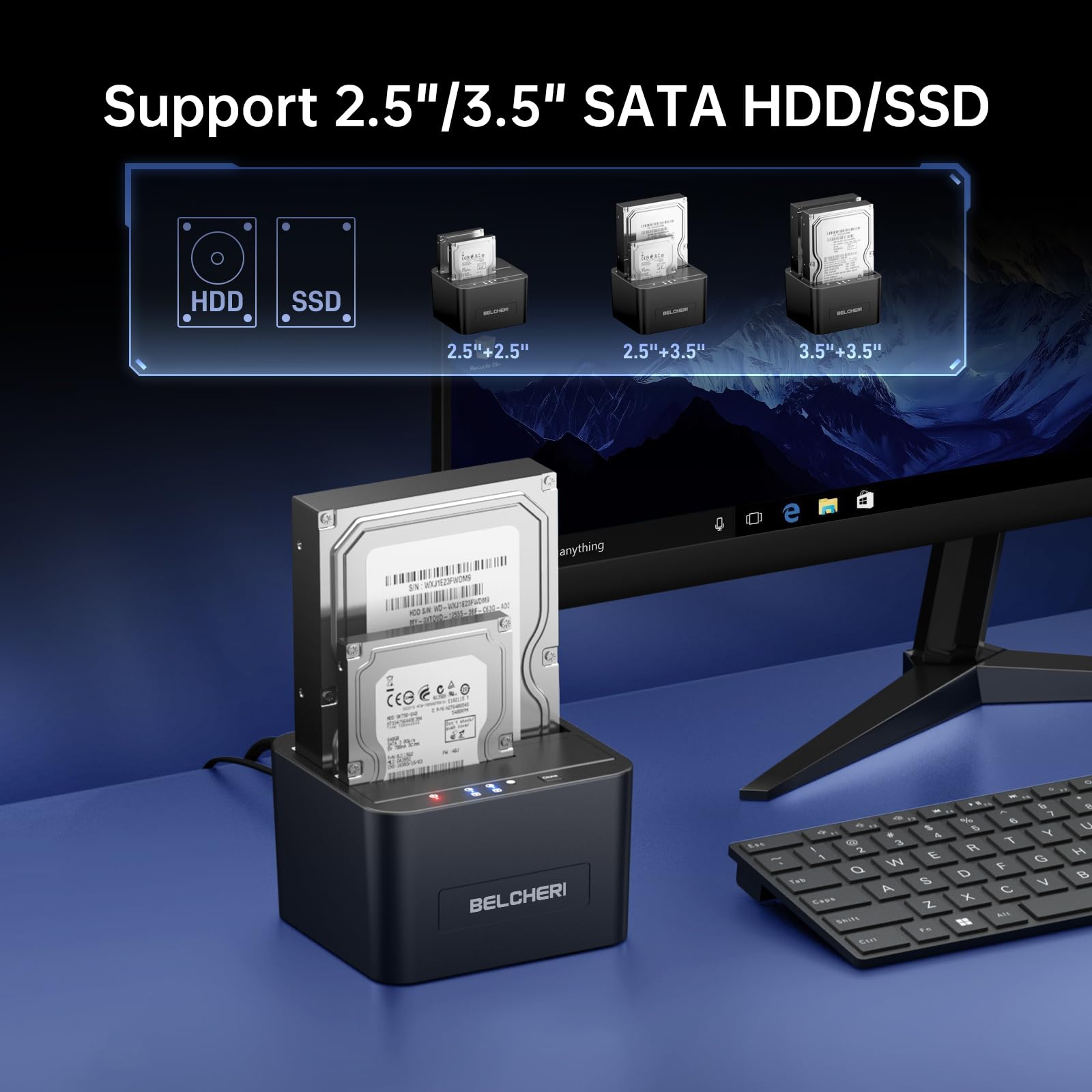 Docking station per dischi rigidi USB 3.0 doppio alloggio, per HDD/SSD SATA da 2,5"/3,5", clonazione offline e UASP per backup dei dati