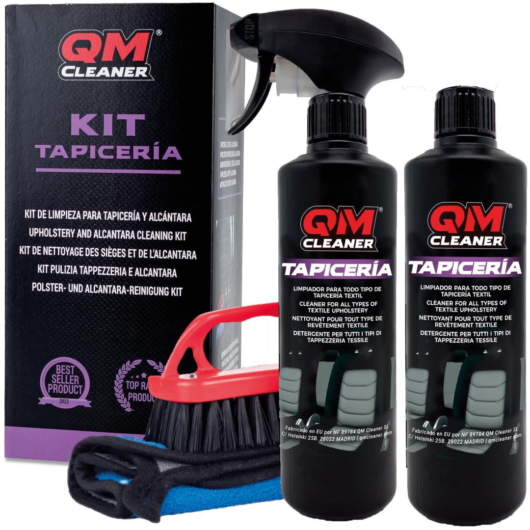 QM Cleaner Kit detergente Professionale per tappezzeria per Pulire i sedili dell'auto | per tappeti, tappezzerie, Moquette... | Kit 1Litro + Microfibre + Spazzola Premium